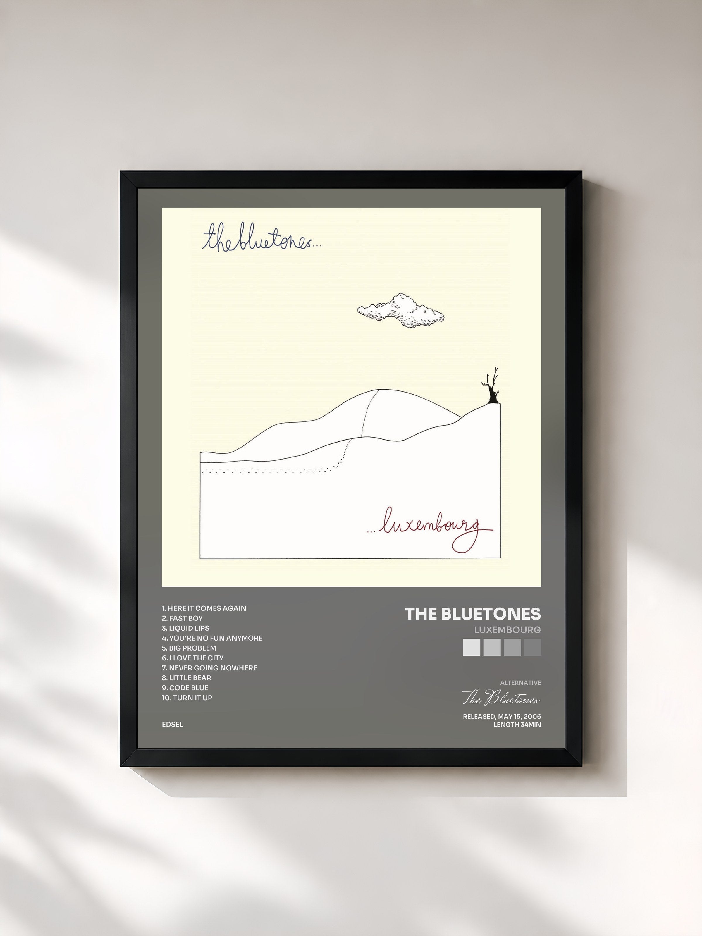 #noir Tableau de l'album Luxembourg de The Bluetones, cadre noir, imprimé et encadré en France