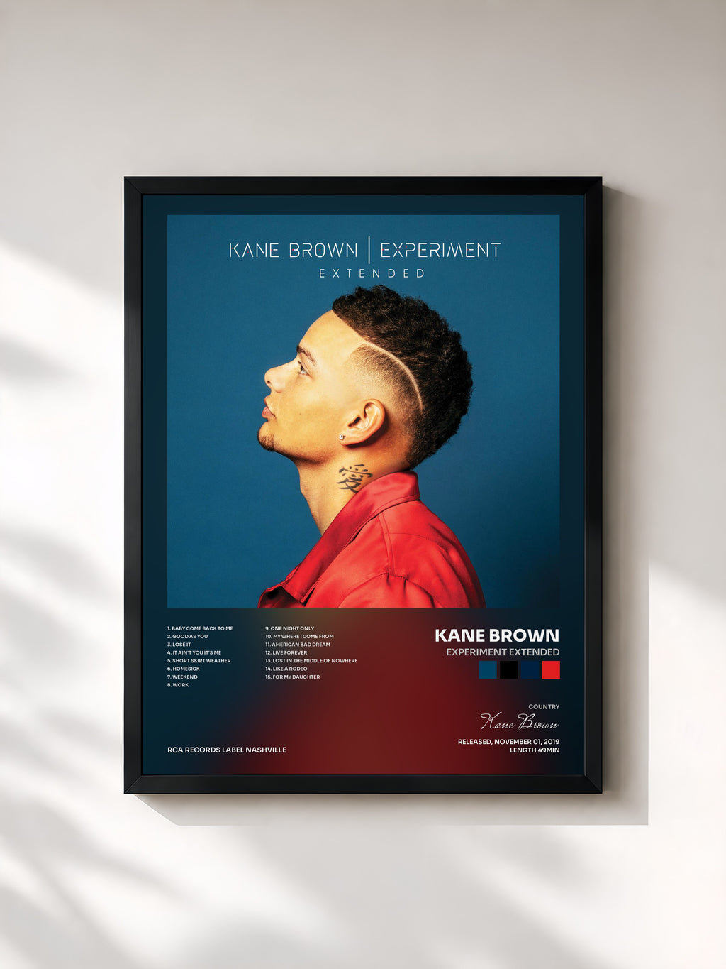 #noir Tableau de l'album Experiment Extended de Kane Brown, cadre noir, imprimé et encadré en France