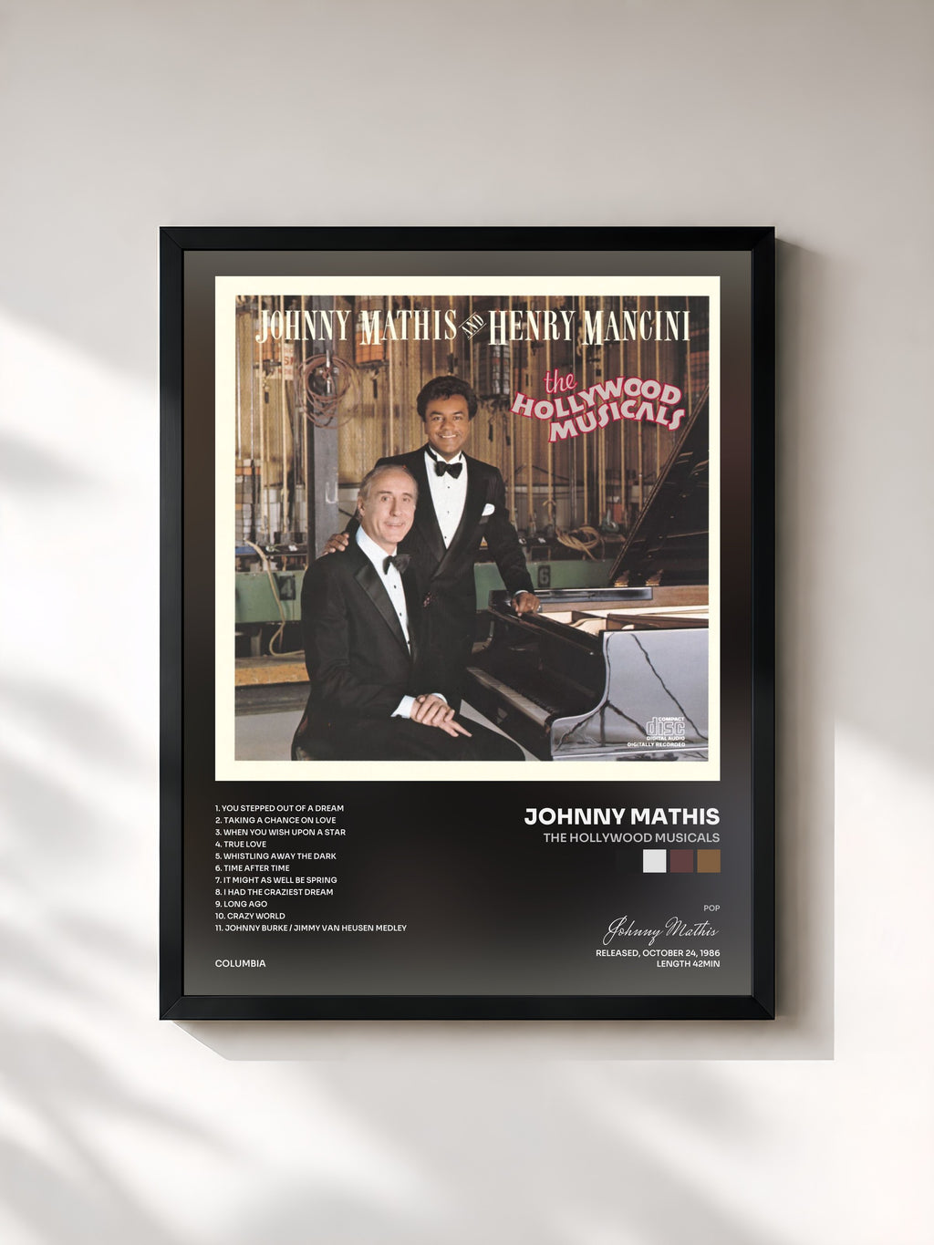 #noir Tableau de l'album The Hollywood Musicals de Johnny Mathis, cadre noir, imprimé et encadré en France
