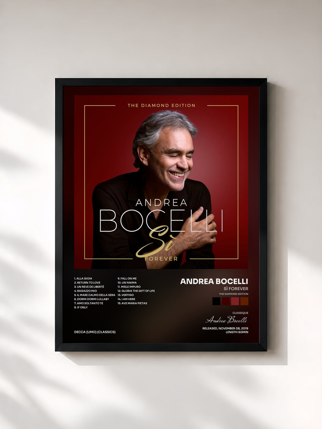#noir Tableau de l'album Sì Forever (The Diamond Edition) de Andrea Bocelli, cadre noir, imprimé et encadré en France