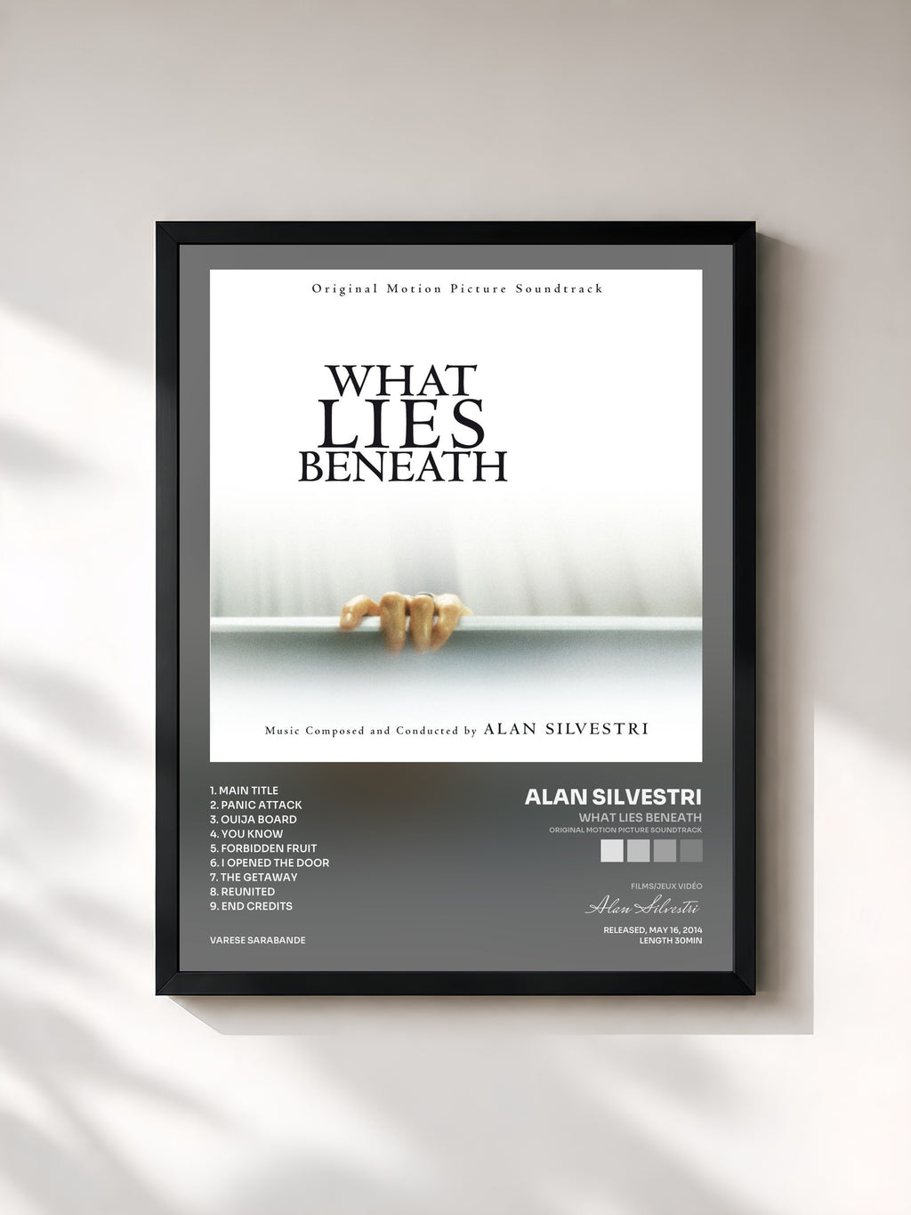 #noir Tableau de l'album What Lies Beneath (Original Motion Picture Soundtrack) de Alan Silvestri, cadre noir, imprimé et encadré en France