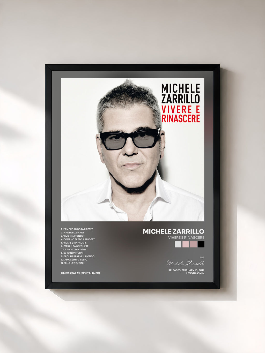 #noir Tableau de l'album Vivere E Rinascere de Michele Zarrillo, cadre noir, imprimé et encadré en France