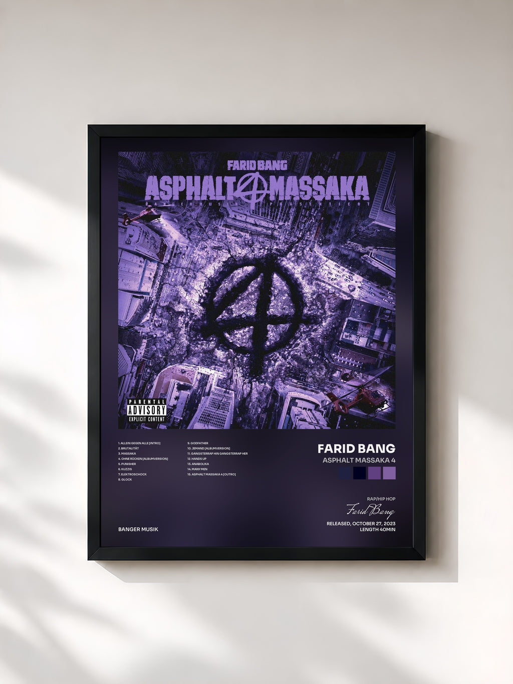 #noir Tableau de l'album ASPHALT MASSAKA 4 de Farid Bang, cadre noir, imprimé et encadré en France