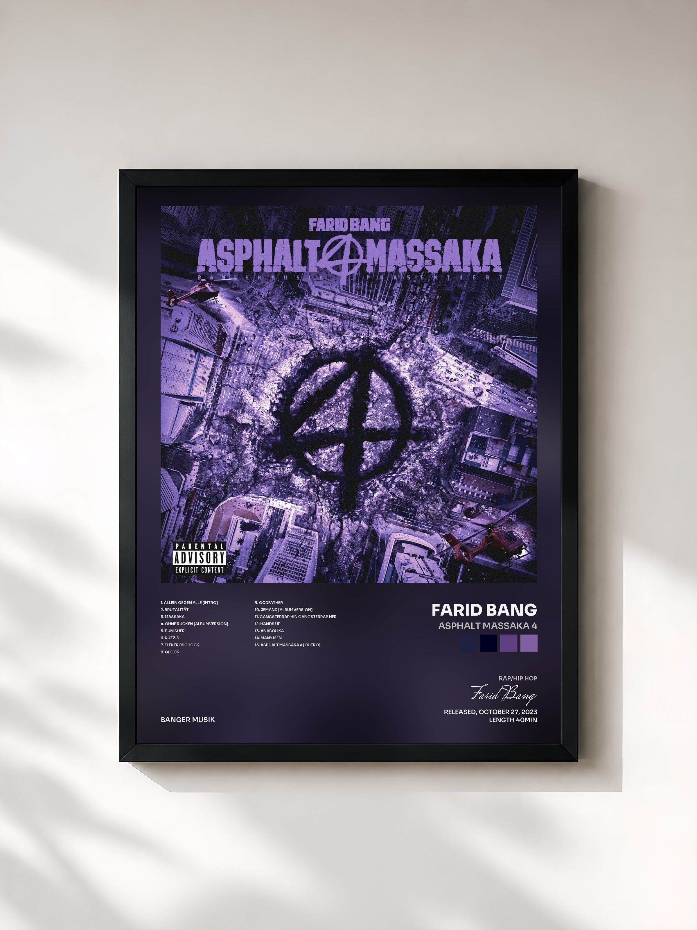 #noir Tableau de l'album ASPHALT MASSAKA 4 de Farid Bang, cadre noir, imprimé et encadré en France