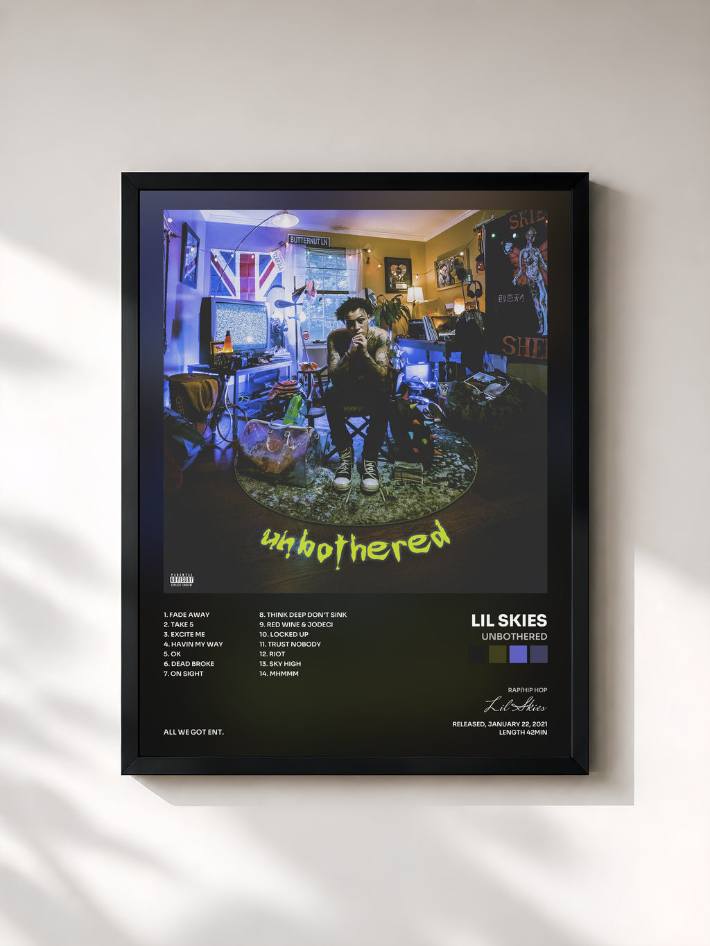 #noir Tableau de l'album Unbothered de Lil Skies, cadre noir, imprimé et encadré en France
