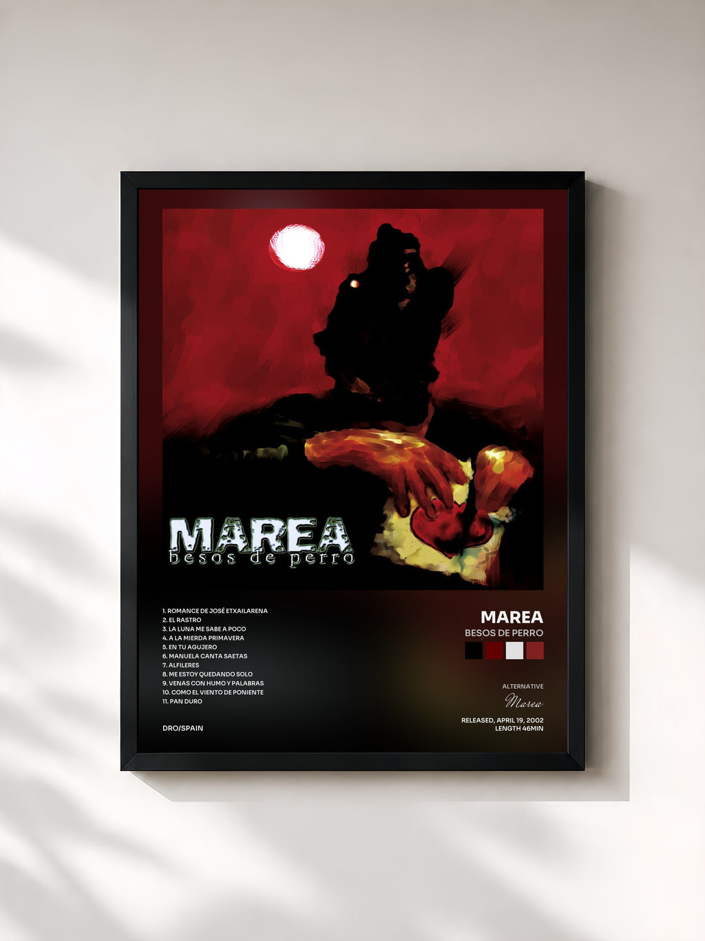 #noir Tableau de l'album Besos de Perro de Marea, cadre noir, imprimé et encadré en France