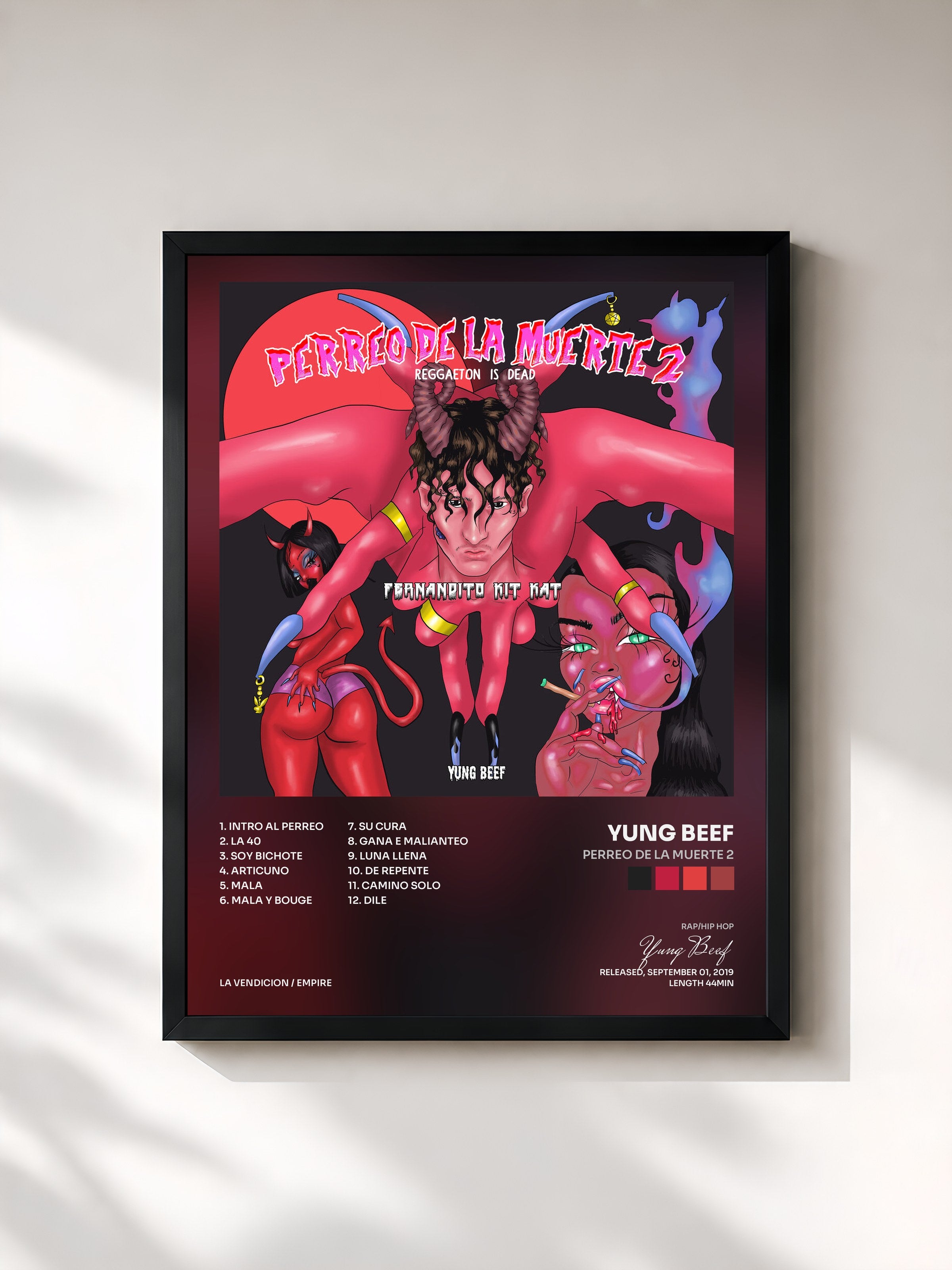 #noir Tableau de l'album Perreo De La Muerte 2 de Yung Beef, cadre noir, imprimé et encadré en France