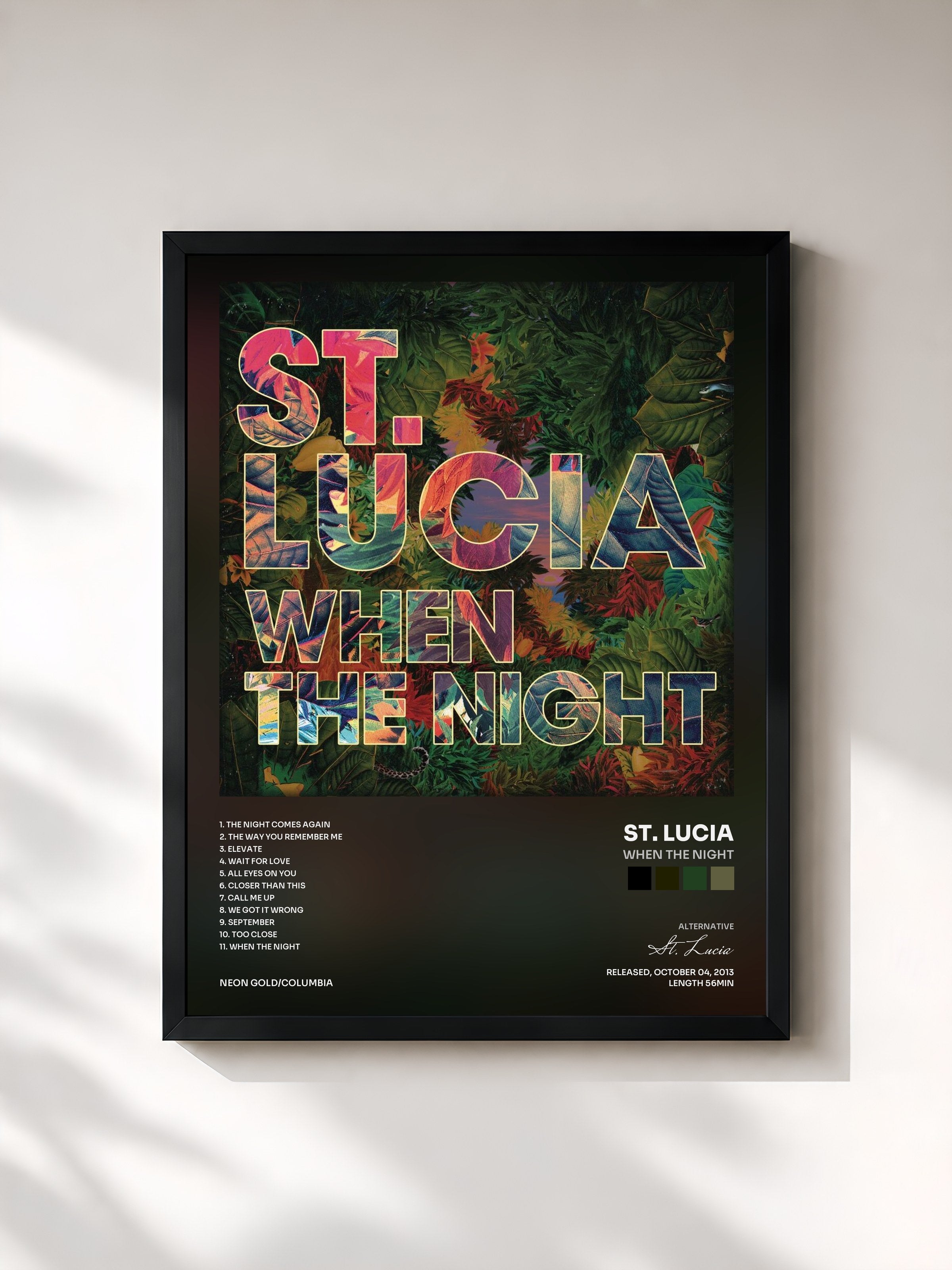 #noir Tableau de l'album When The Night de St. Lucia, cadre noir, imprimé et encadré en France