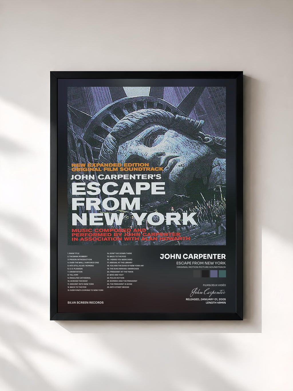 #noir Tableau de l'album Escape from New York (Original Motion Picture Soundtrack) de John Carpenter, cadre noir, imprimé et encadré en France