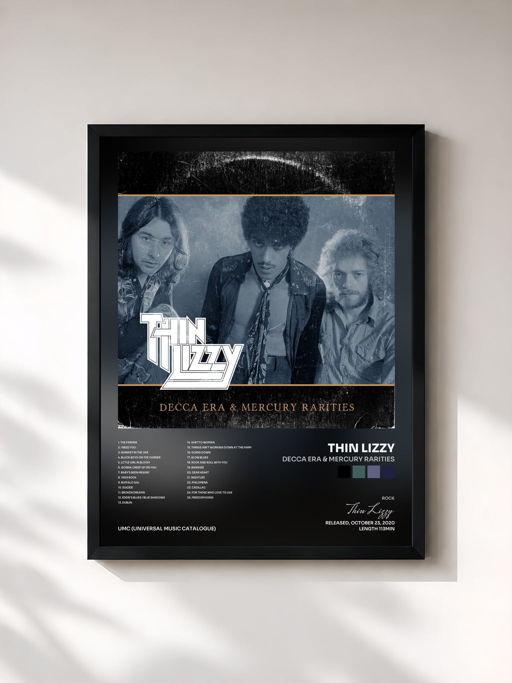 #noir Tableau de l'album Decca Era & Mercury Rarities de Thin Lizzy, cadre noir, imprimé et encadré en France