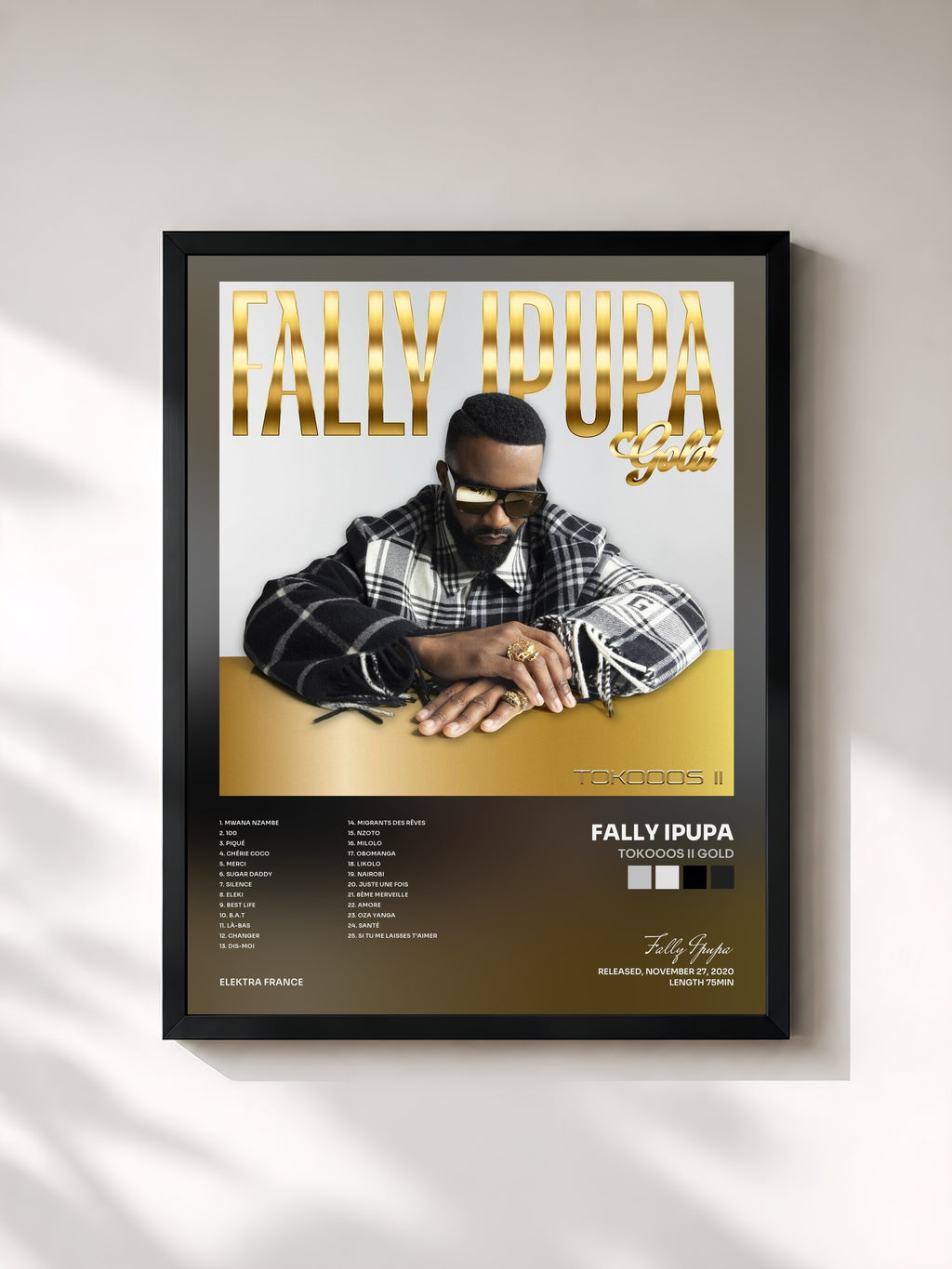 #noir Tableau de l'album Tokooos II Gold de Fally Ipupa, cadre noir, imprimé et encadré en France