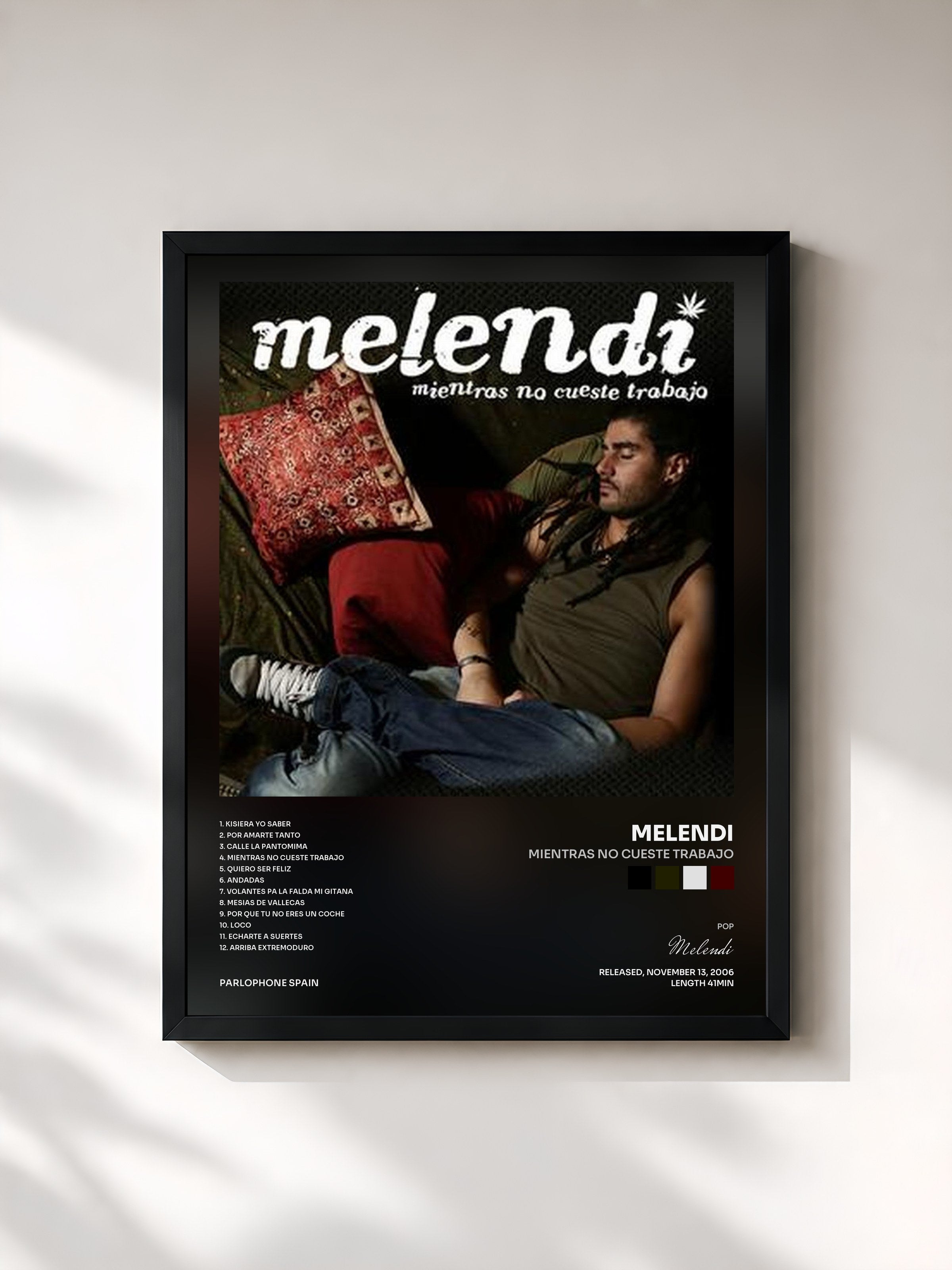 #noir Tableau de l'album Mientras No Cueste Trabajo de Melendi, cadre noir, imprimé et encadré en France