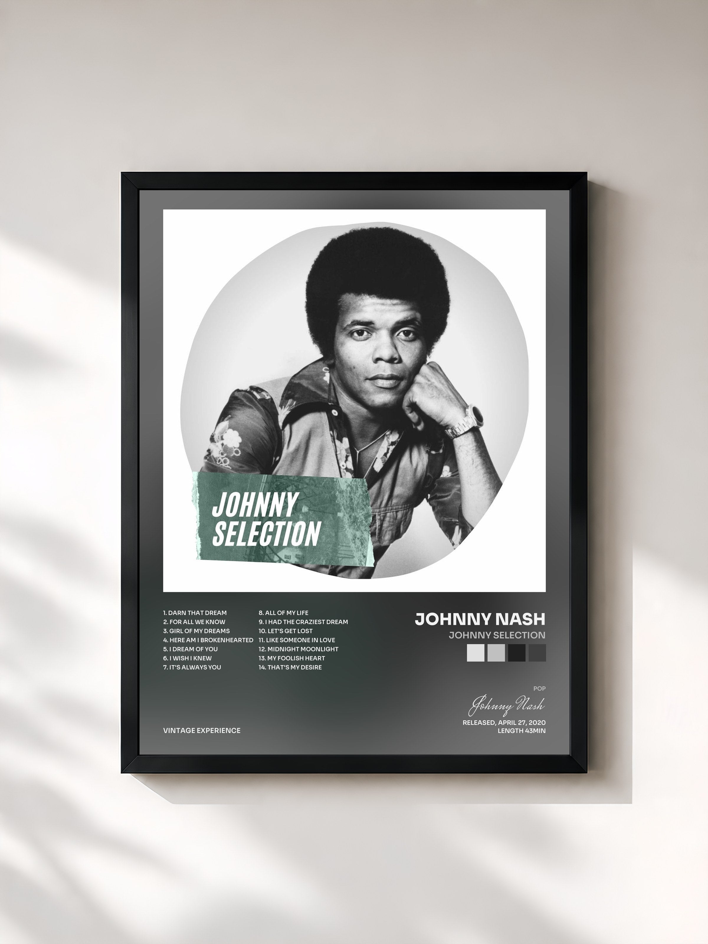 #noir Tableau de l'album Johnny Selection de Johnny Nash, cadre noir, imprimé et encadré en France