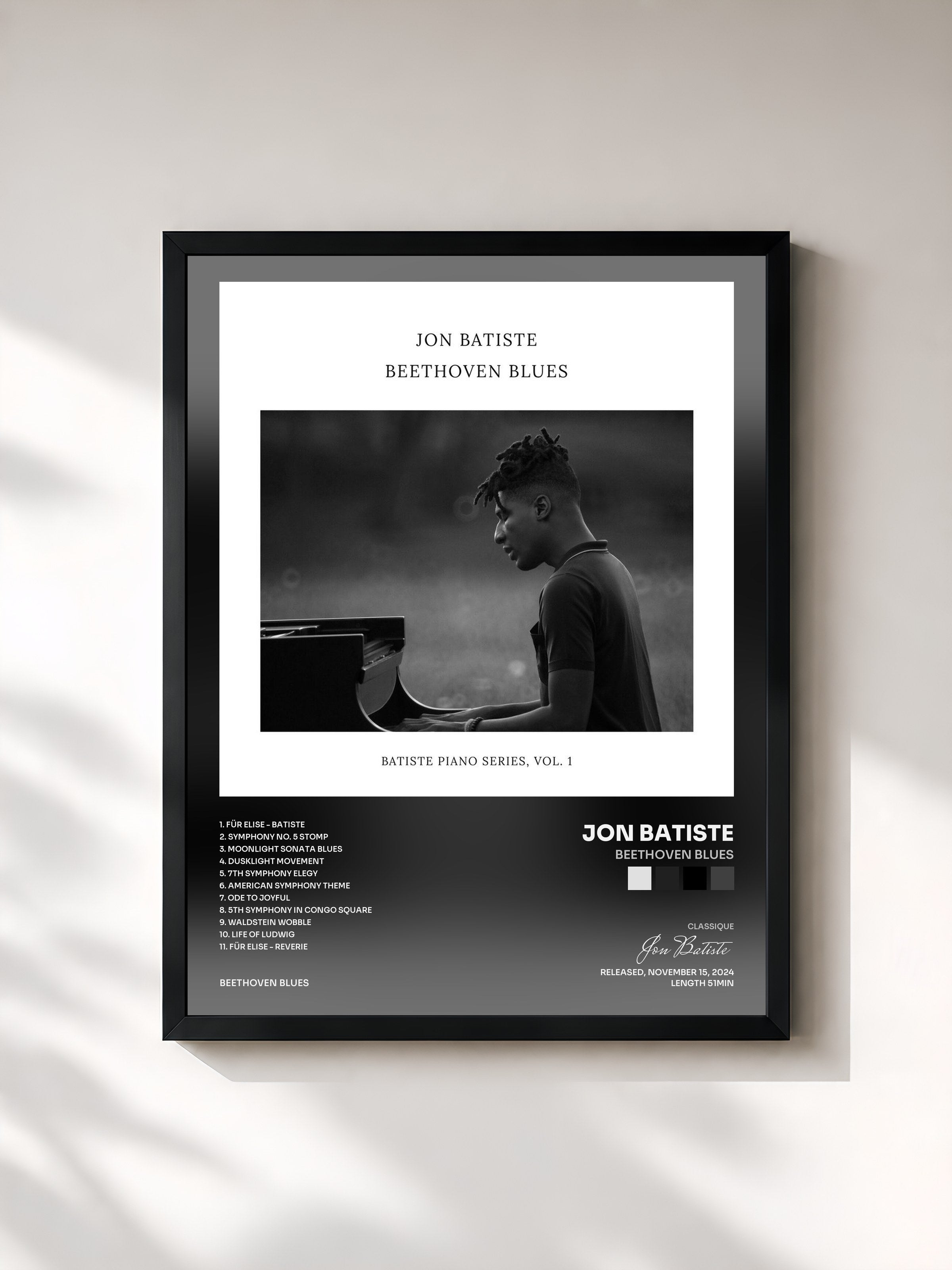 #noir Tableau de l'album Beethoven Blues de Jon Batiste, cadre noir, imprimé et encadré en France