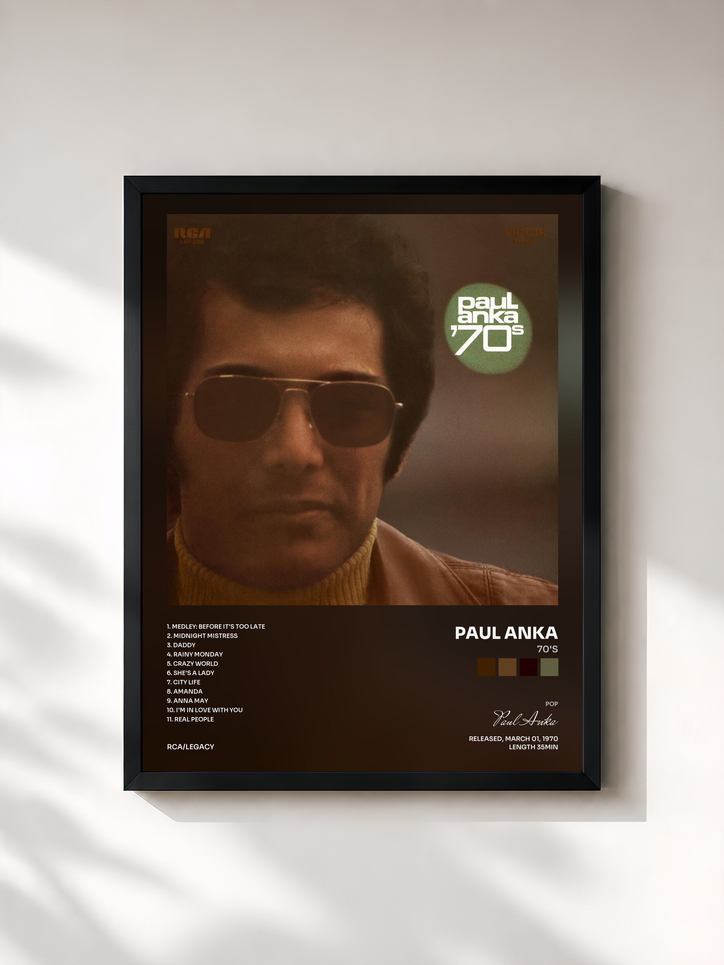 #noir Tableau de l'album 70's de Paul Anka, cadre noir, imprimé et encadré en France