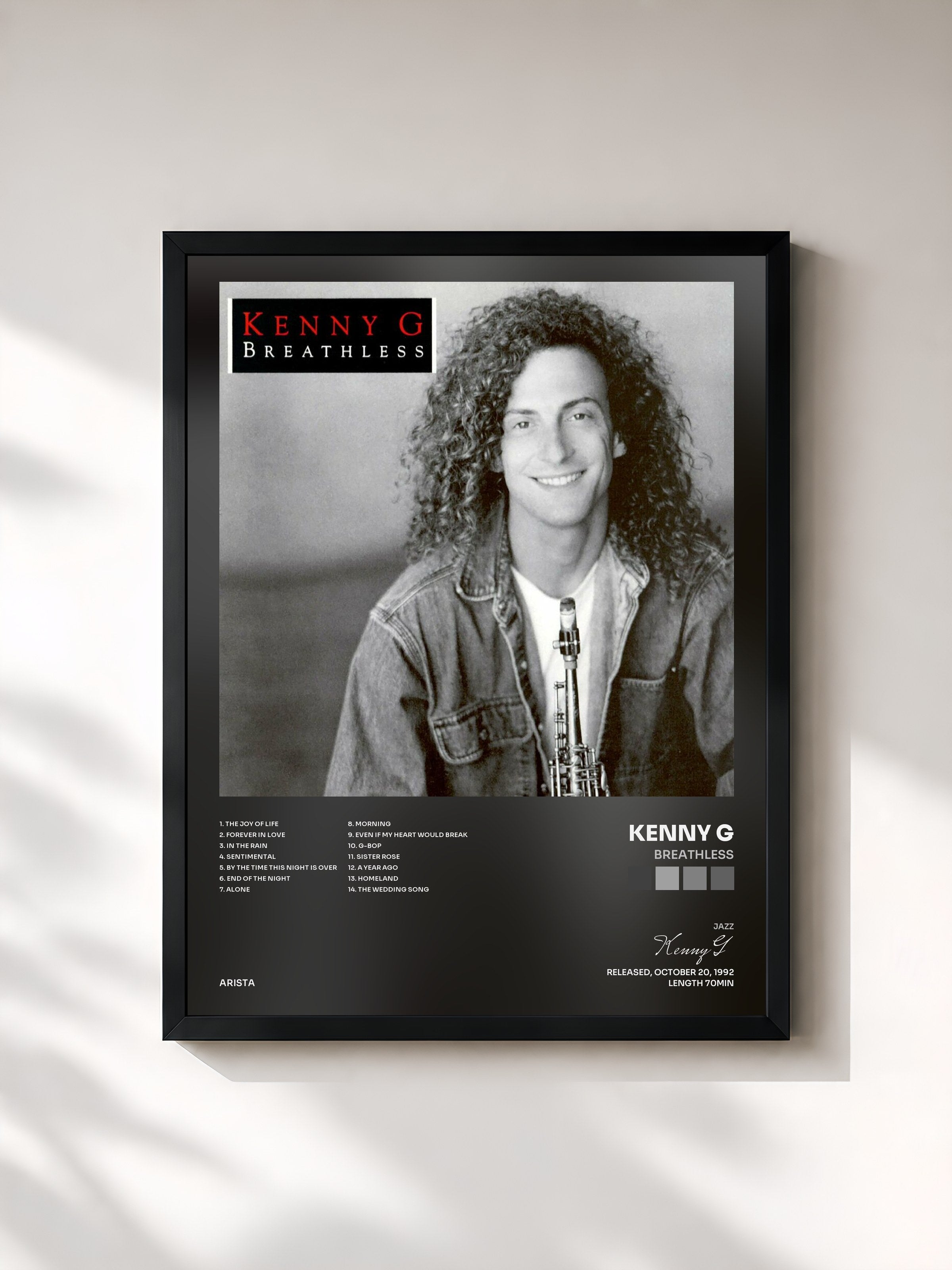 #noir Tableau de l'album Breathless de Kenny G, cadre noir, imprimé et encadré en France