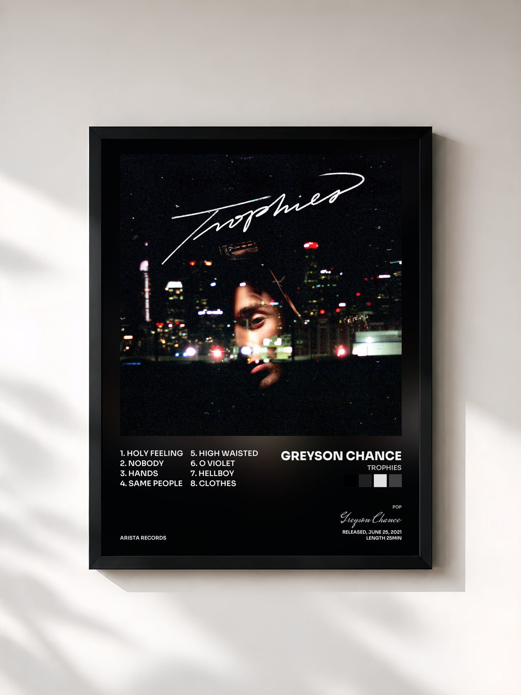 #noir Tableau de l'album Trophies de Greyson Chance, cadre noir, imprimé et encadré en France