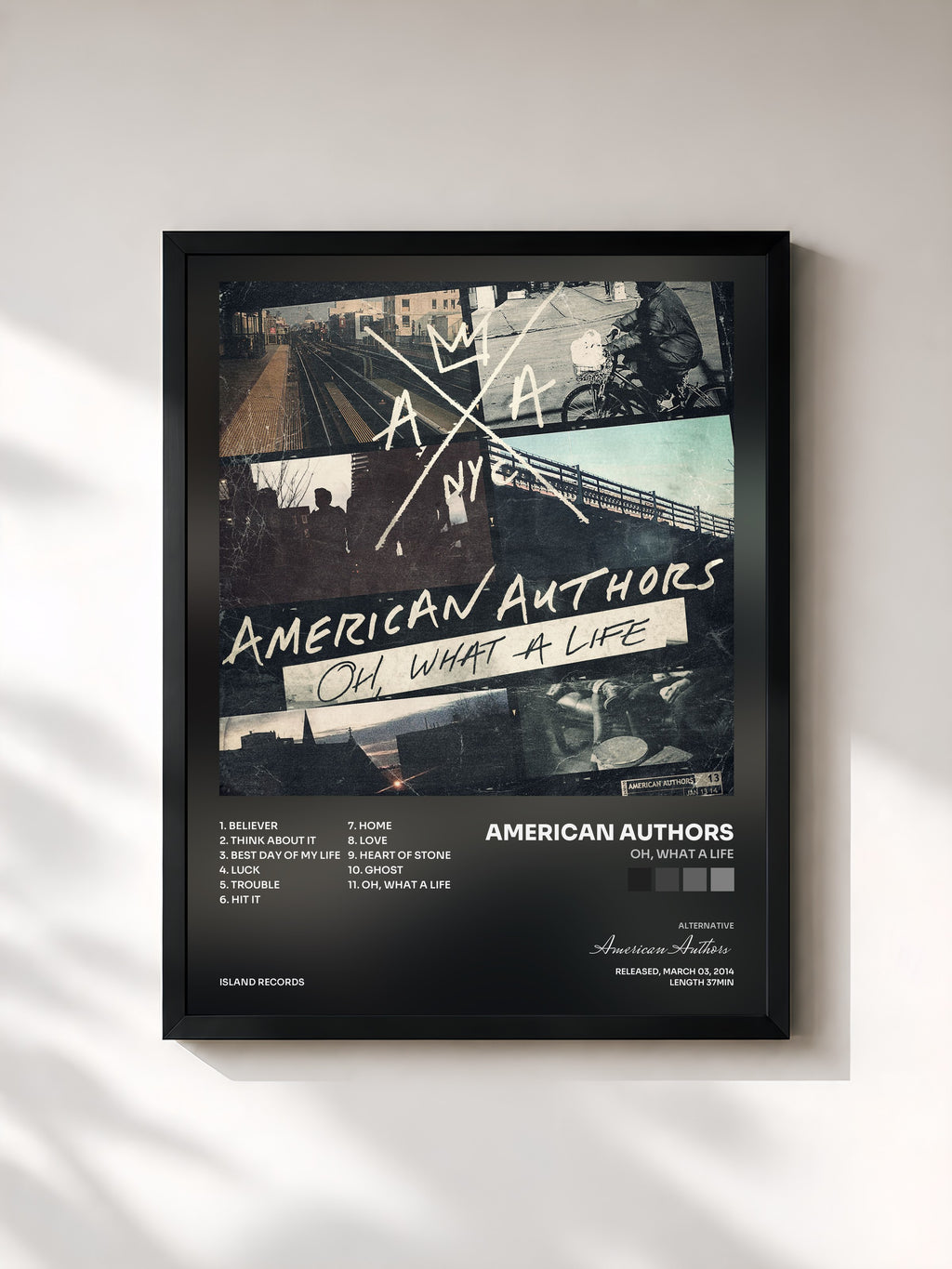 #noir Tableau de l'album Oh, What A Life de American Authors, cadre noir, imprimé et encadré en France