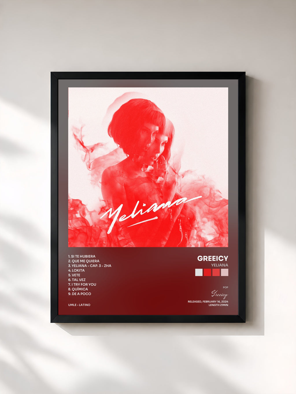 #noir Tableau de l'album YELIANA de Greeicy, cadre noir, imprimé et encadré en France