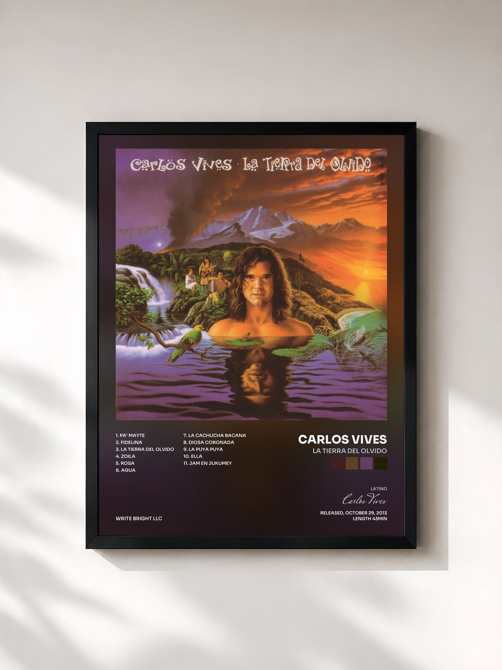 #noir Tableau de l'album La Tierra del Olvido de Carlos Vives, cadre noir, imprimé et encadré en France