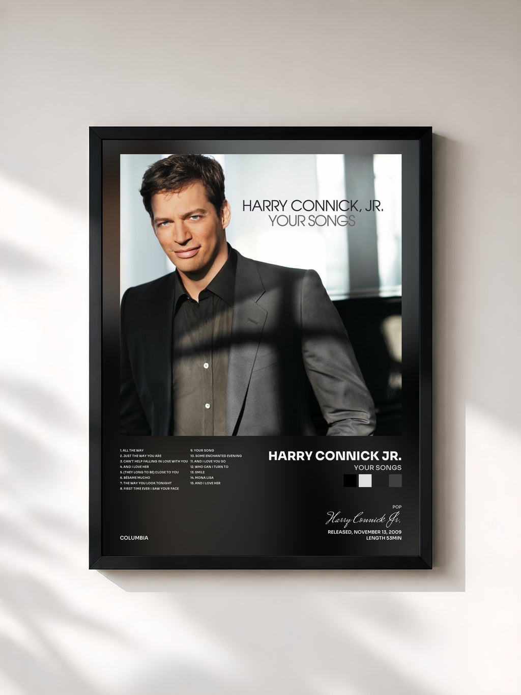 #noir Tableau de l'album Your Songs de Harry Connick Jr., cadre noir, imprimé et encadré en France