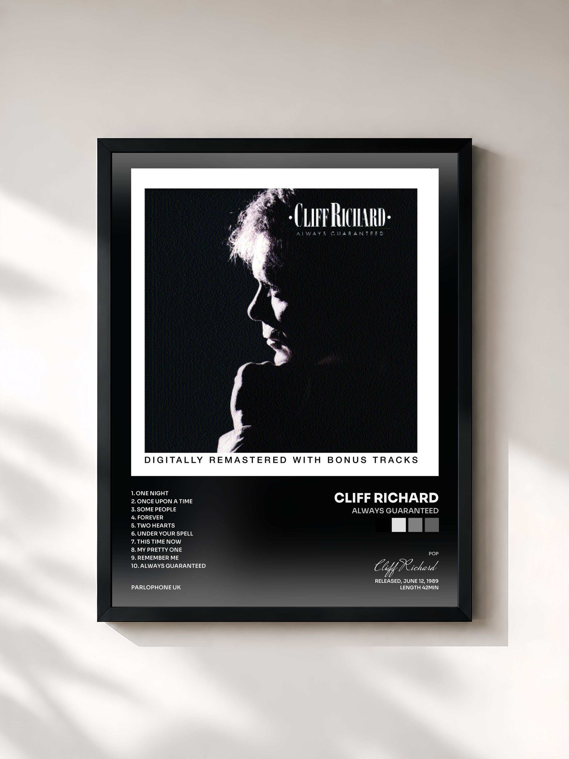#noir Tableau de l'album Always Guaranteed de Cliff Richard, cadre noir, imprimé et encadré en France