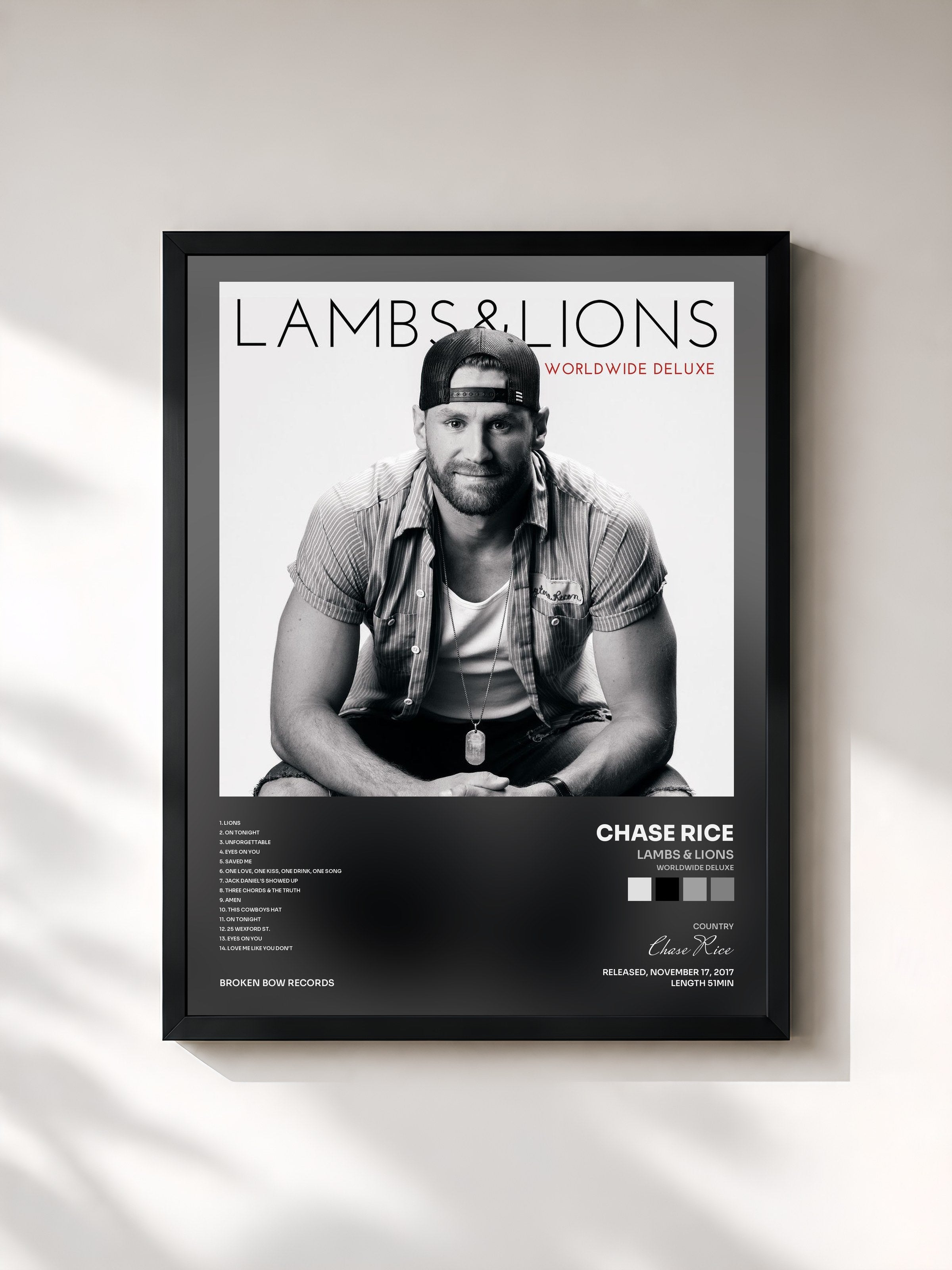 #noir Tableau de l'album Lambs & Lions (Worldwide Deluxe) de Chase Rice, cadre noir, imprimé et encadré en France