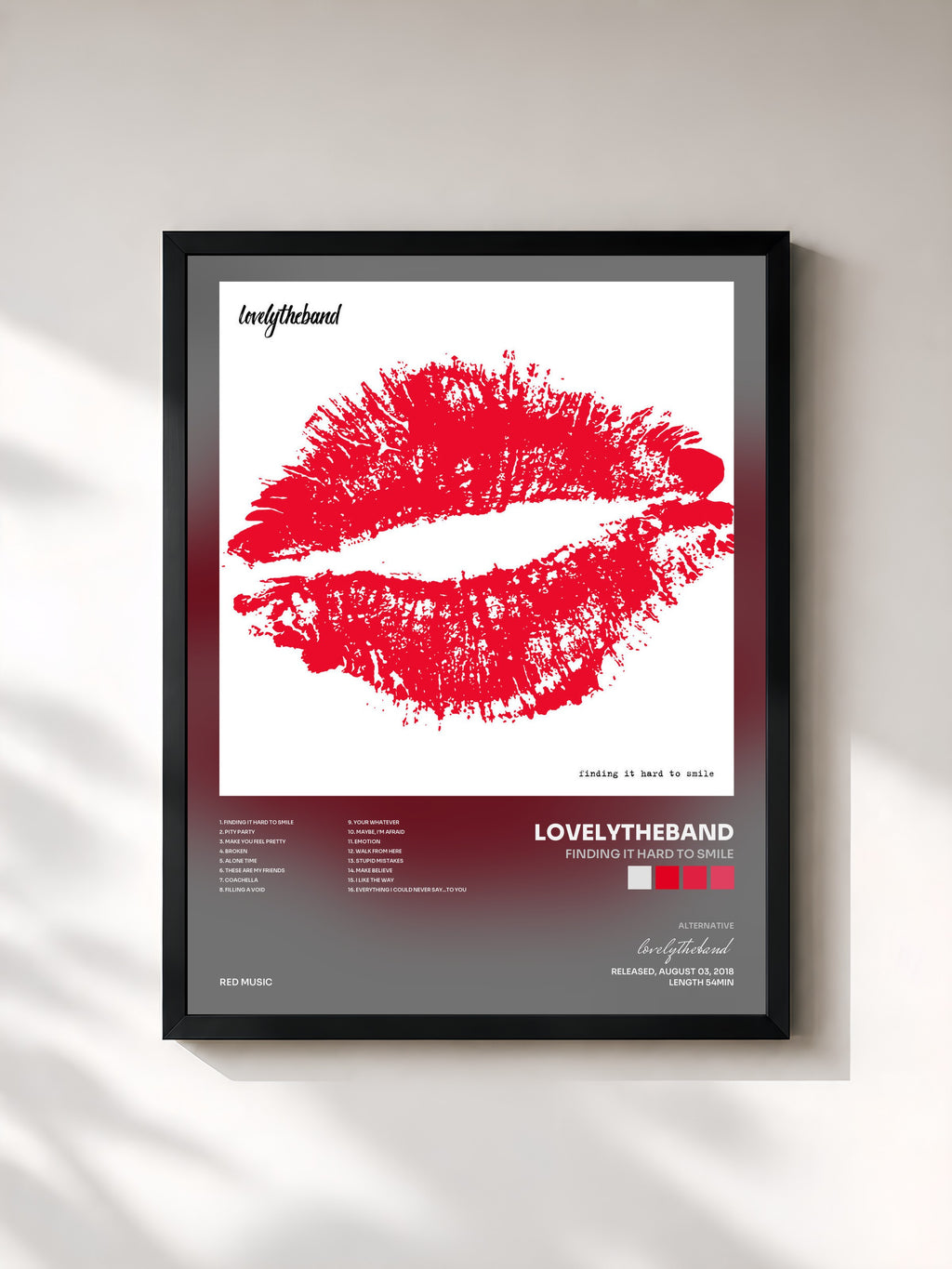 #noir Tableau de l'album finding it hard to smile de lovelytheband, cadre noir, imprimé et encadré en France