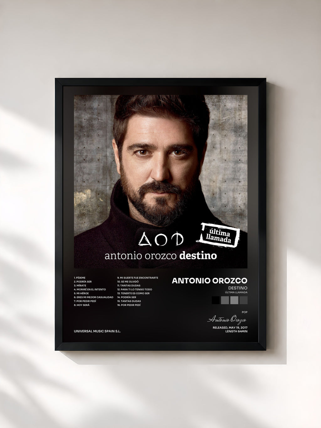 #noir Tableau de l'album Destino (Última Llamada) de Antonio Orozco, cadre noir, imprimé et encadré en France