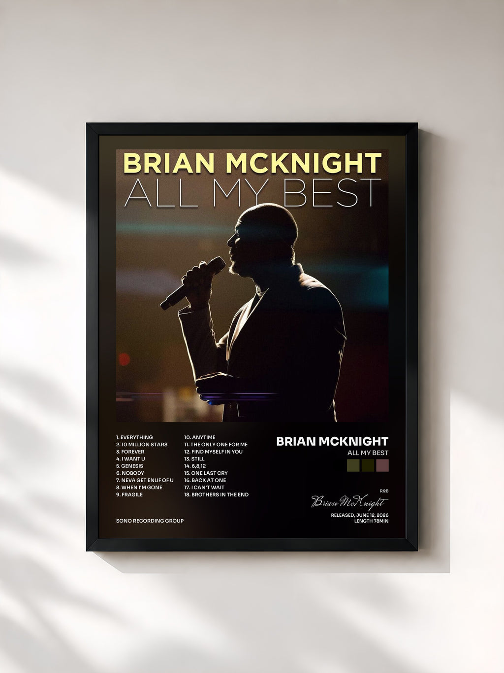 #noir Tableau de l'album All My Best de Brian McKnight, cadre noir, imprimé et encadré en France
