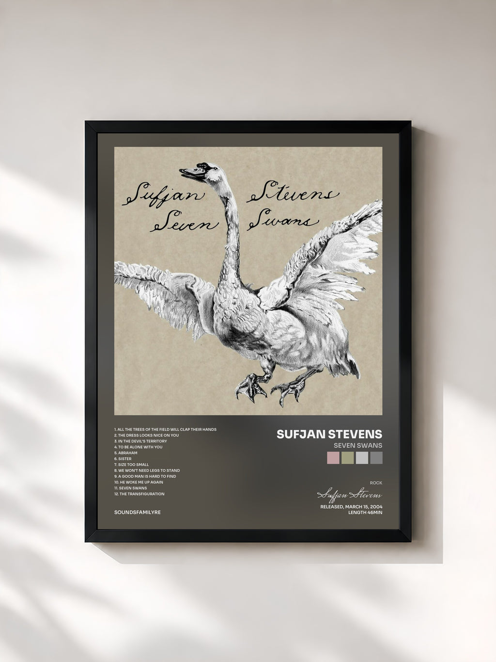 #noir Tableau de l'album Seven Swans de Sufjan Stevens, cadre noir, imprimé et encadré en France