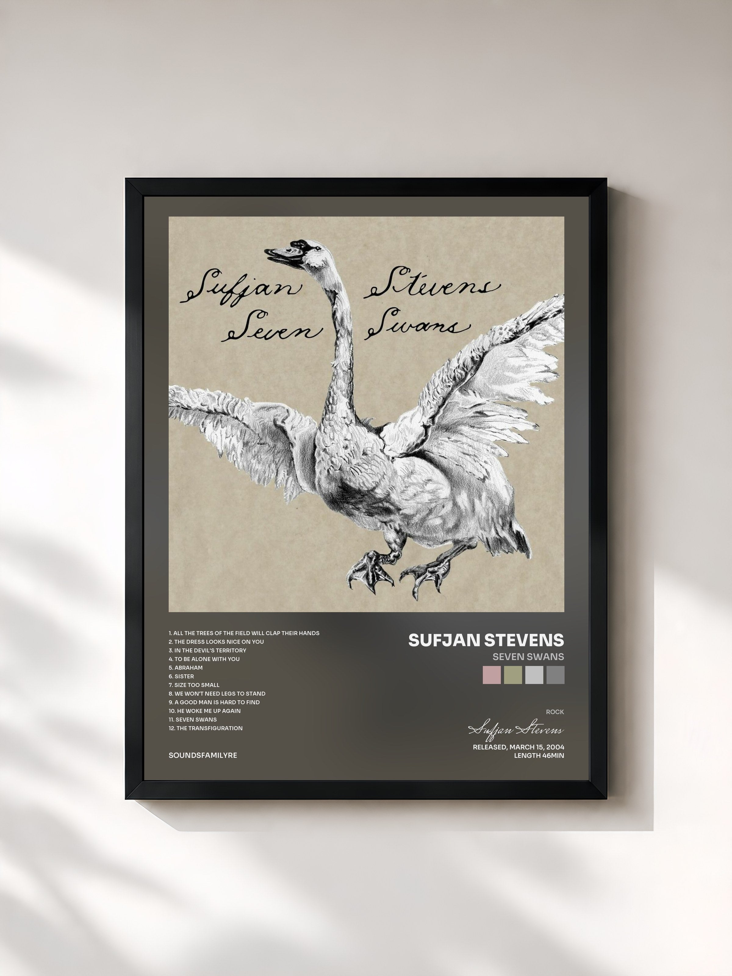 #noir Tableau de l'album Seven Swans de Sufjan Stevens, cadre noir, imprimé et encadré en France