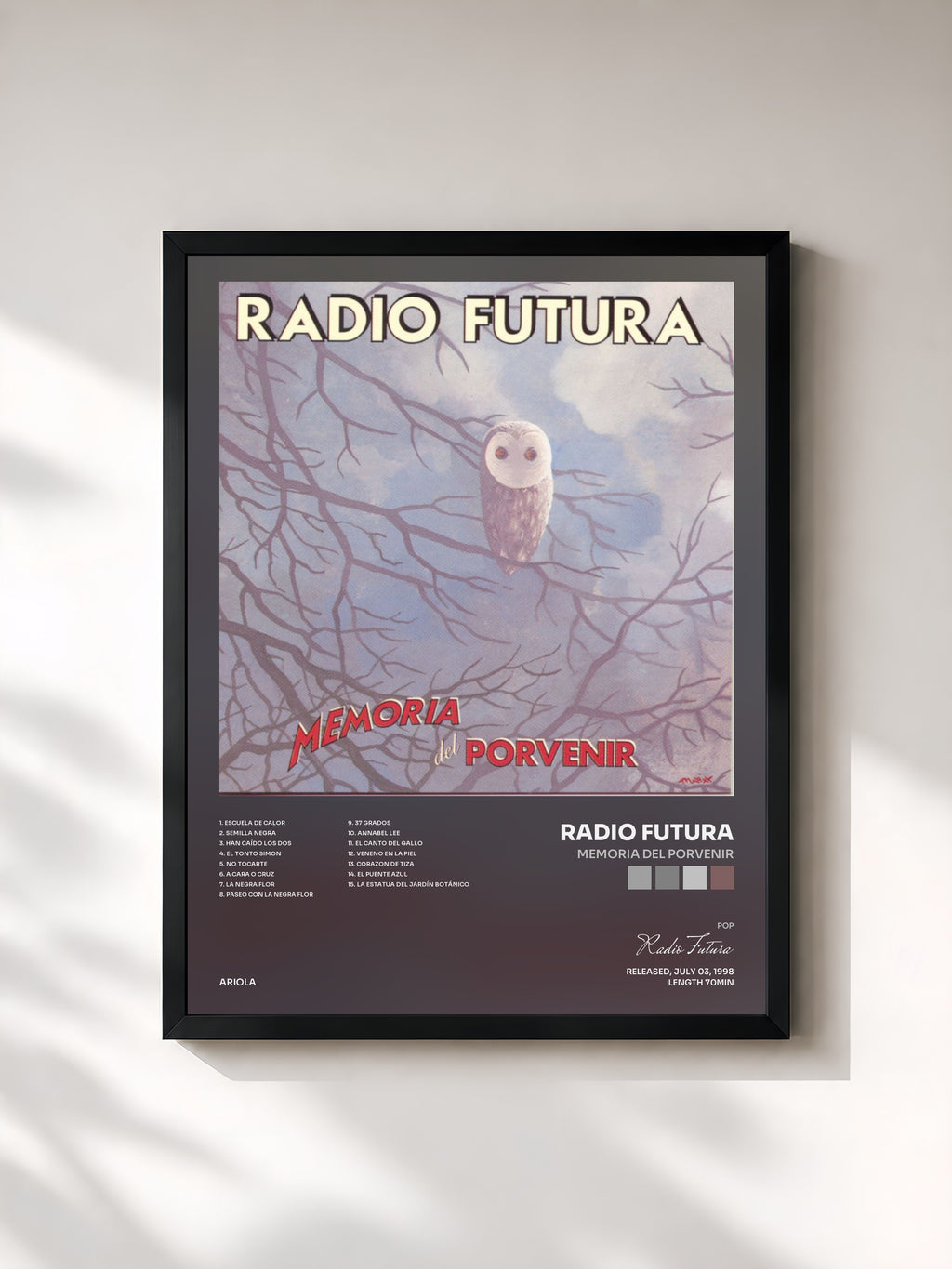 #noir Tableau de l'album Memoria Del Porvenir de Radio Futura, cadre noir, imprimé et encadré en France