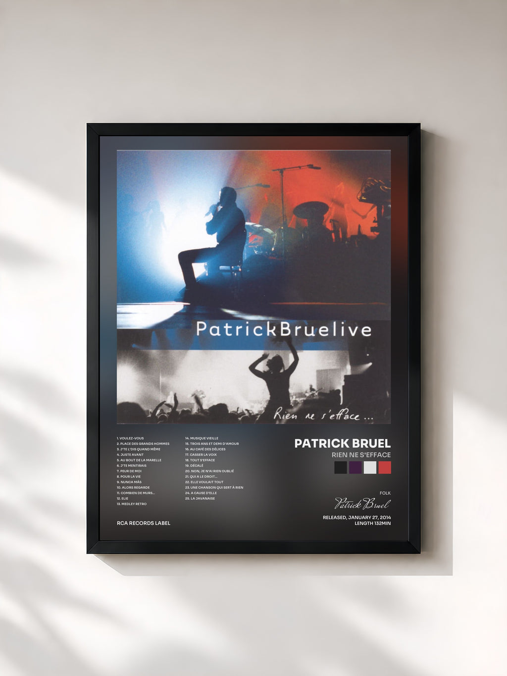 #noir Tableau de l'album Rien ne s'efface de Patrick Bruel, cadre noir, imprimé et encadré en France