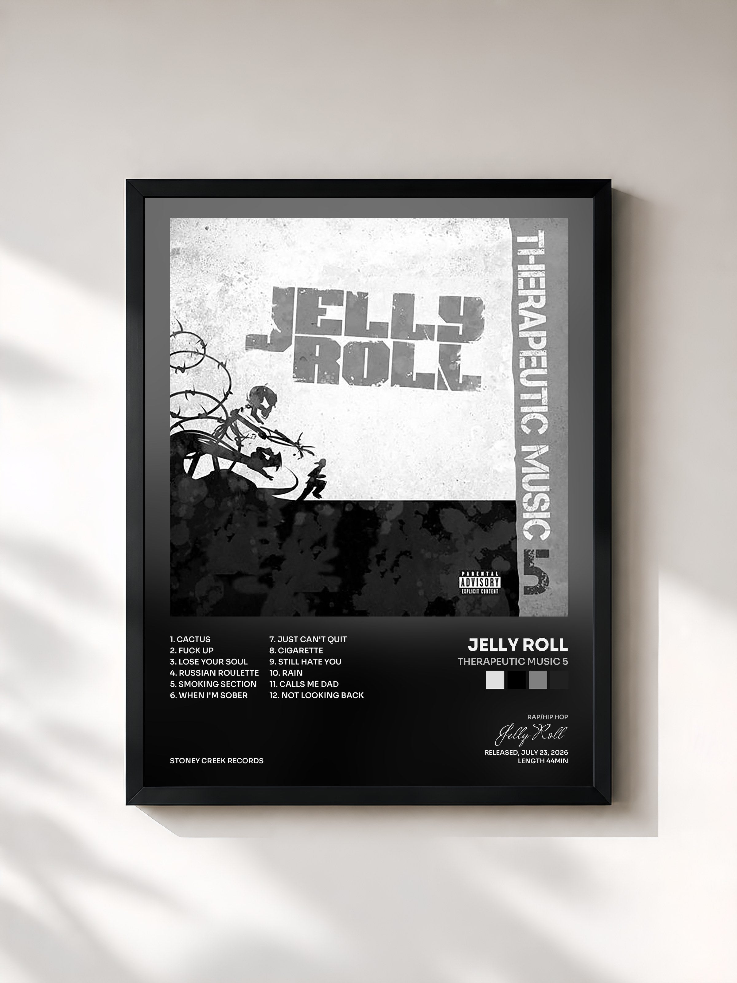 #noir Tableau de l'album Therapeutic Music 5 de Jelly Roll, cadre noir, imprimé et encadré en France