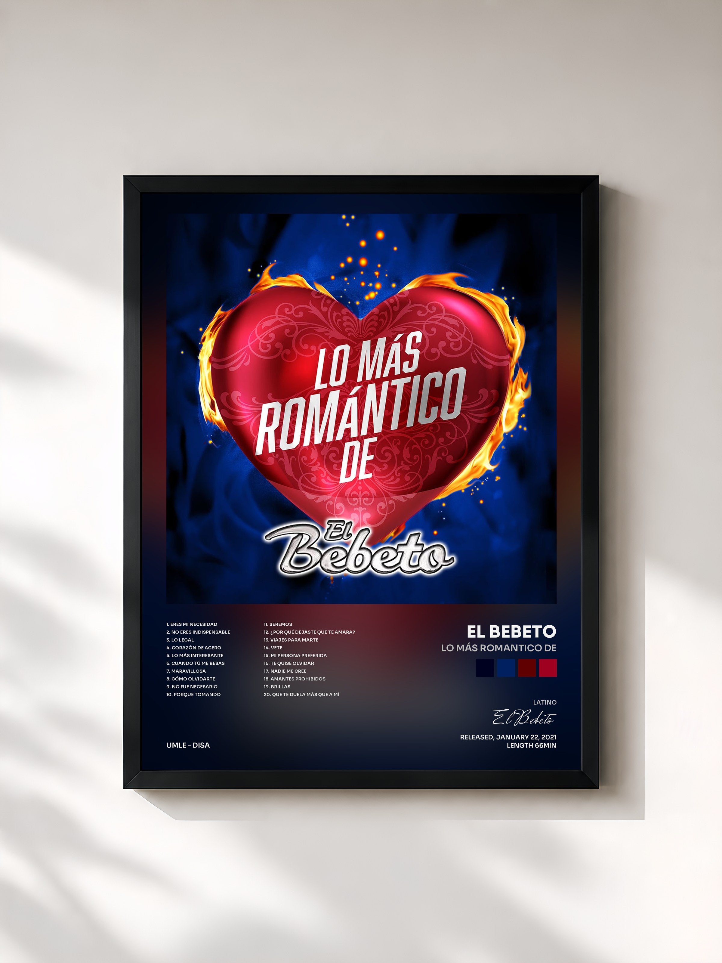 #noir Tableau de l'album Lo Más Romantico De de El Bebeto, cadre noir, imprimé et encadré en France