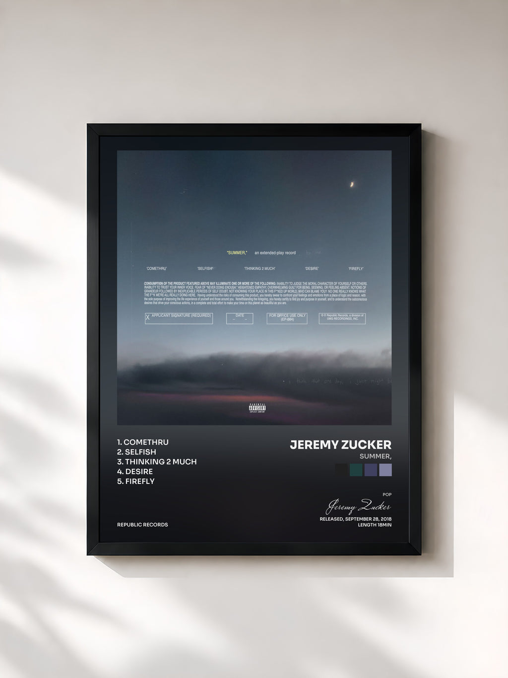 #noir Tableau de l'album summer, de Jeremy Zucker, cadre noir, imprimé et encadré en France