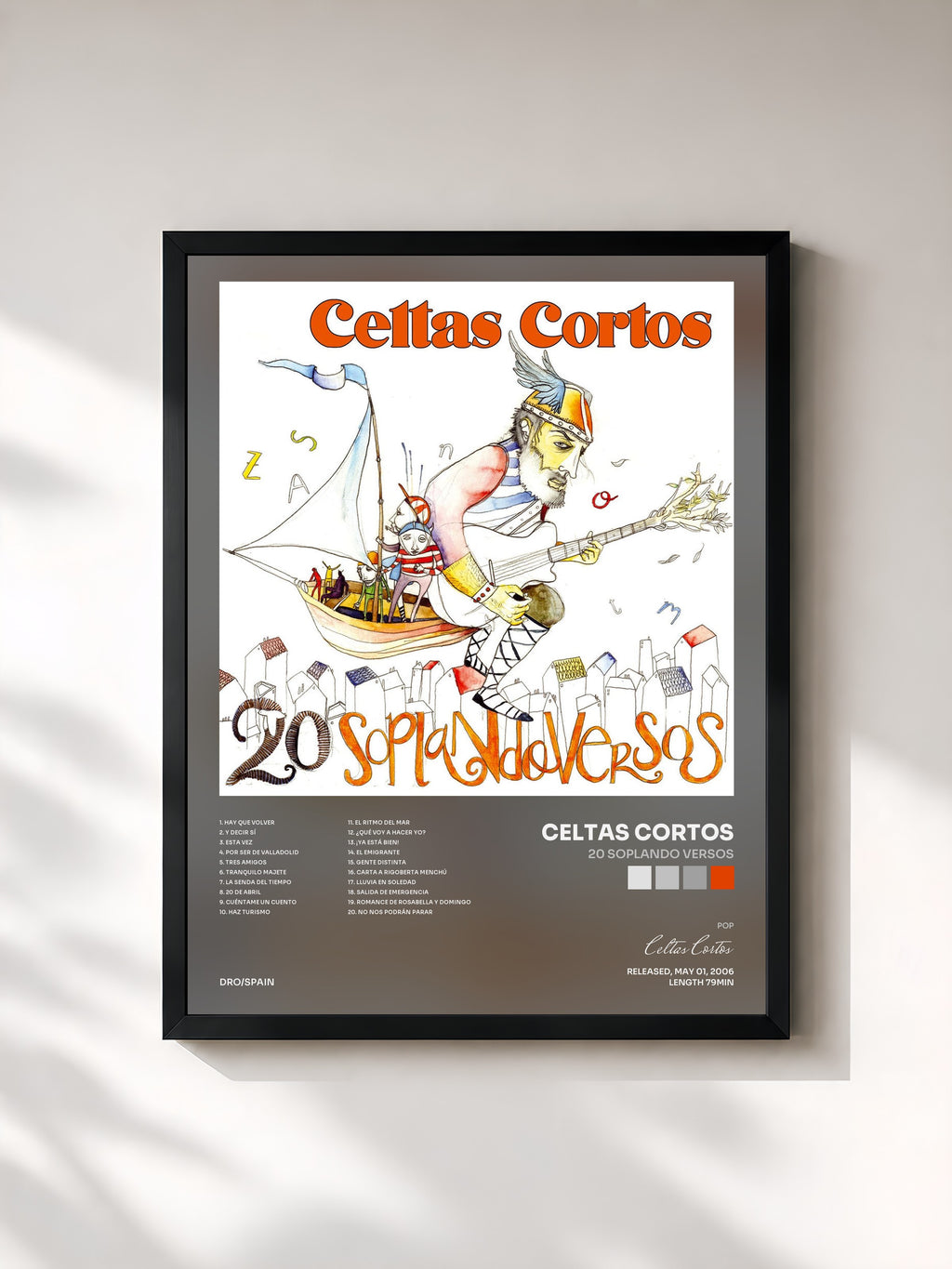#noir Tableau de l'album 20 soplando versos de Celtas Cortos, cadre noir, imprimé et encadré en France