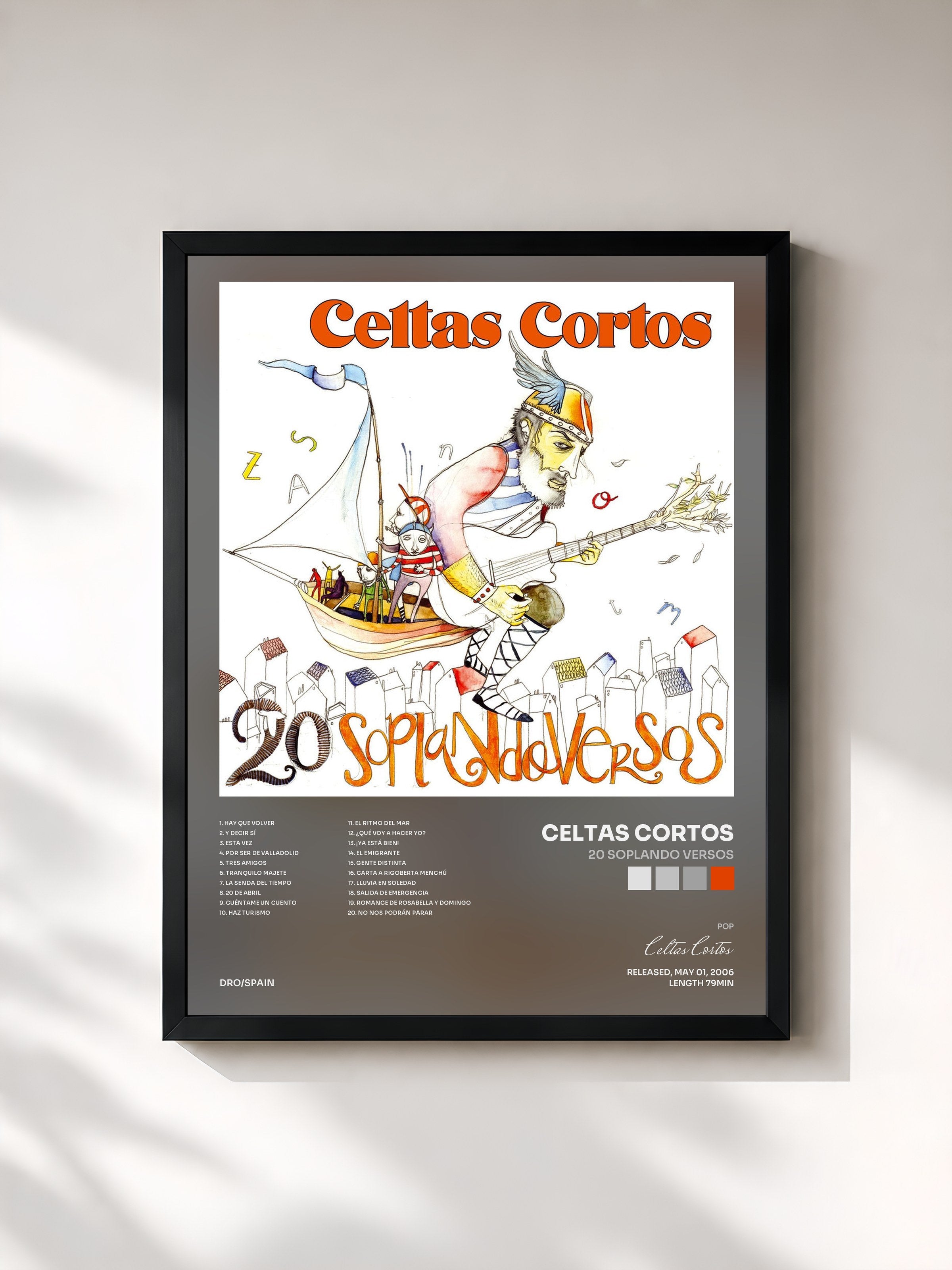 #noir Tableau de l'album 20 soplando versos de Celtas Cortos, cadre noir, imprimé et encadré en France