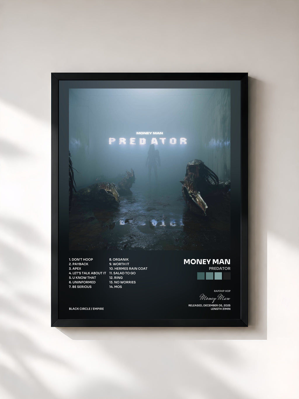 #noir Tableau de l'album Predator de Money Man, cadre noir, imprimé et encadré en France