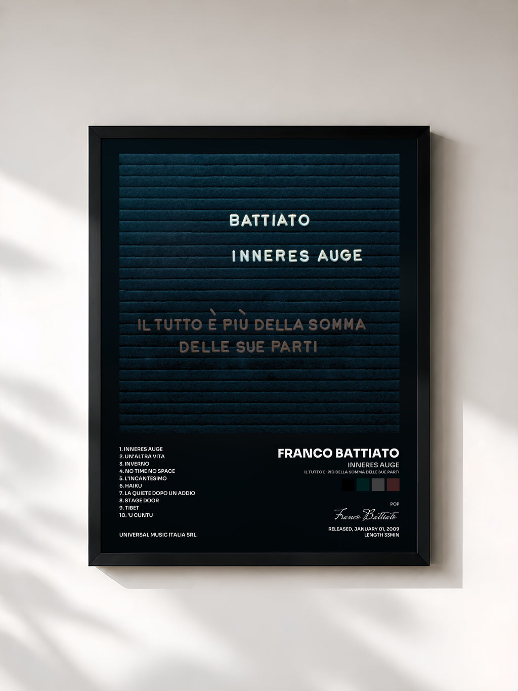 #noir Tableau de l'album Inneres Auge (Il Tutto E' Più Della Somma Delle Sue Parti) de Franco Battiato, cadre noir, imprimé et encadré en France