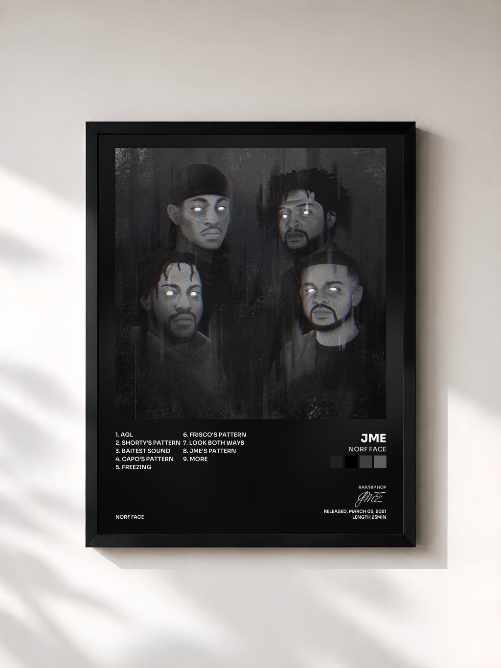 #noir Tableau de l'album Norf Face de JME, cadre noir, imprimé et encadré en France