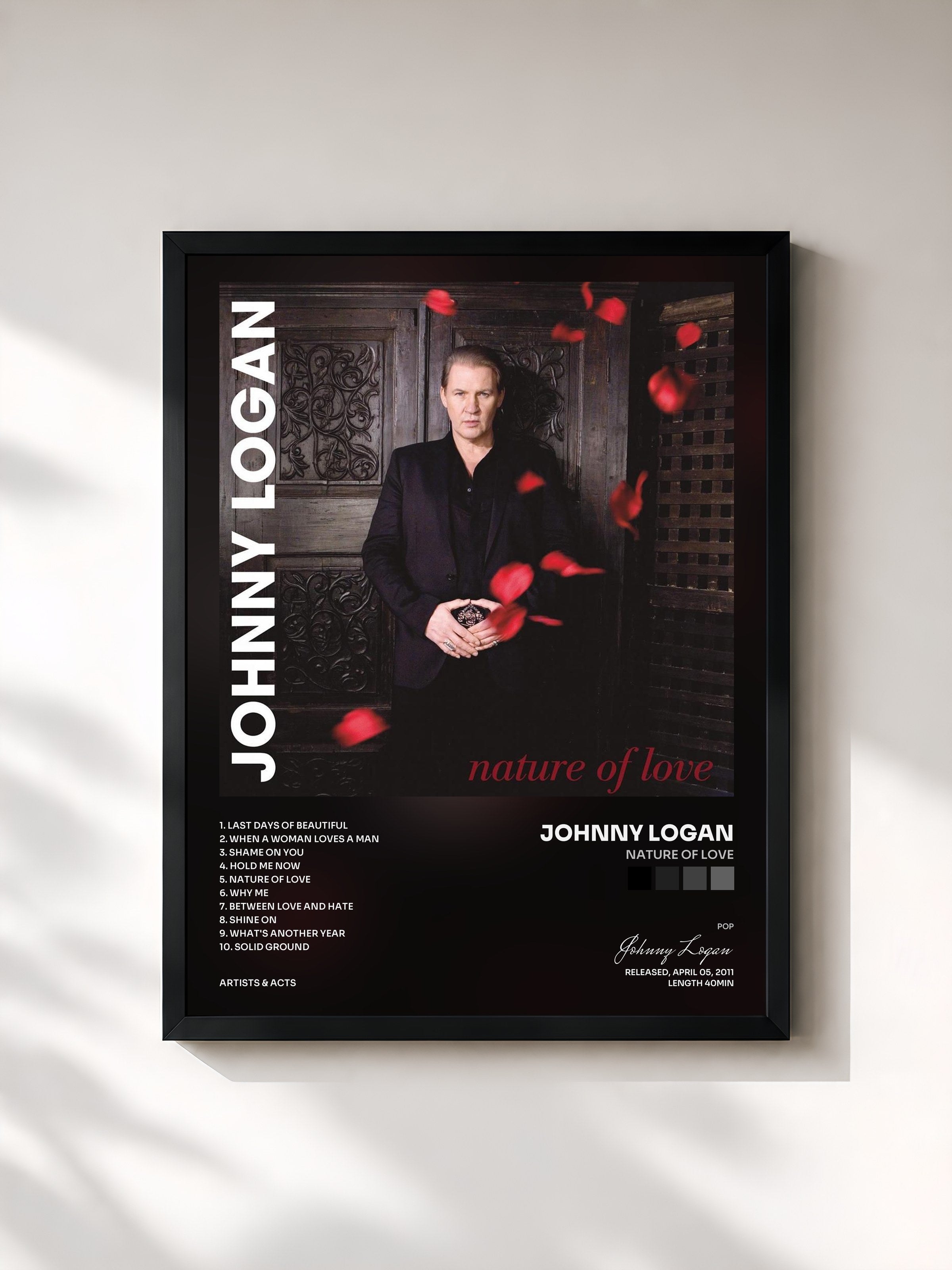 #noir Tableau de l'album Nature of Love de Johnny Logan, cadre noir, imprimé et encadré en France
