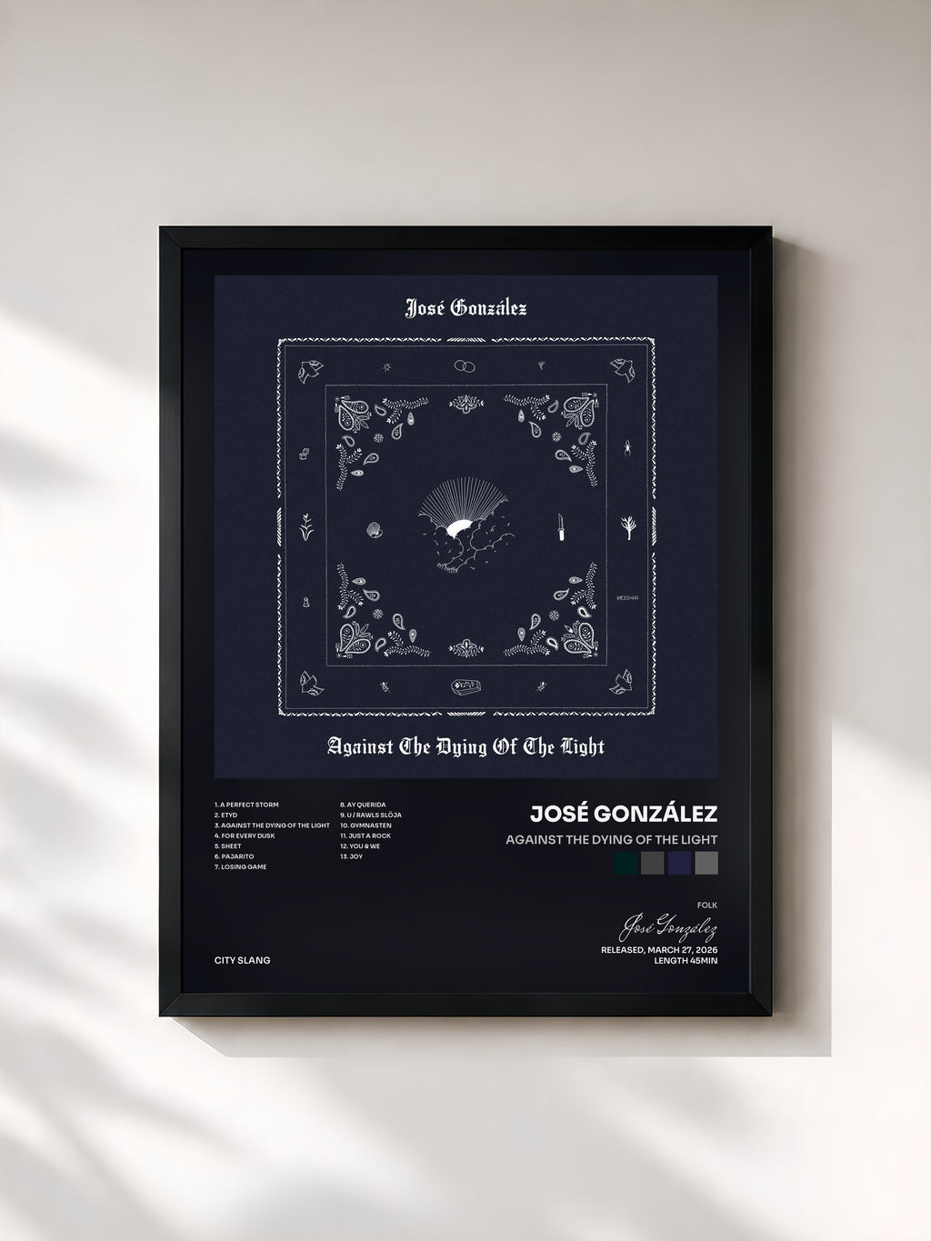 #noir Tableau de l'album Against The Dying Of The Light de José González, cadre noir, imprimé et encadré en France