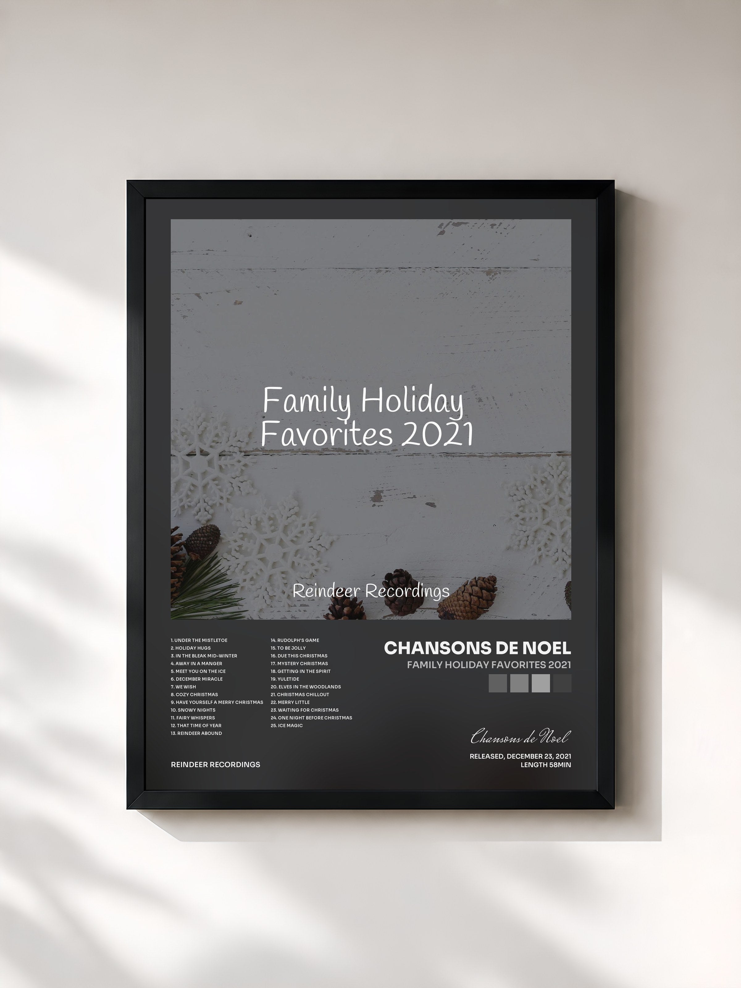 #noir Tableau de l'album Family Holiday Favorites 2021 de Chansons de Noel, cadre noir, imprimé et encadré en France