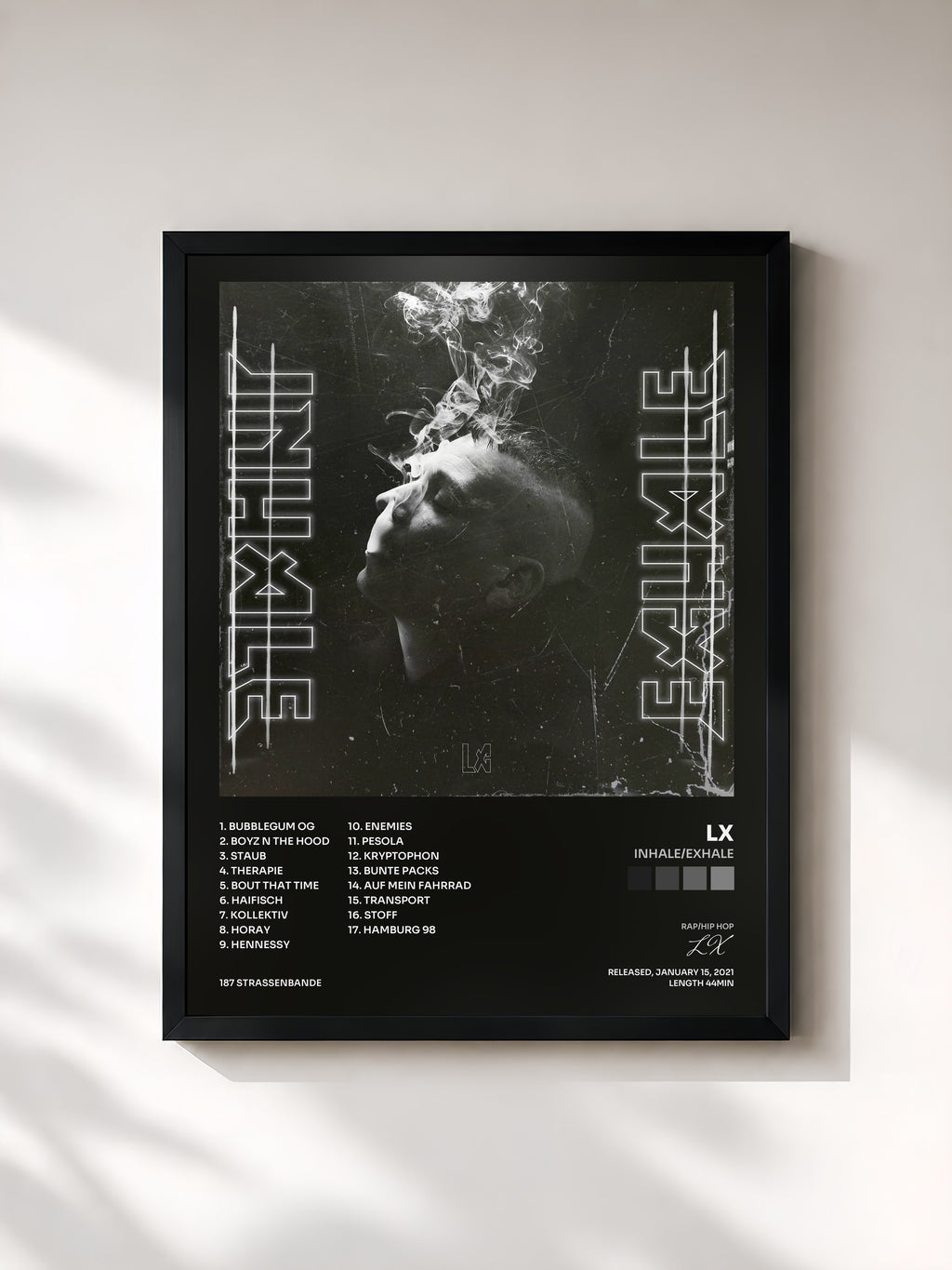#noir Tableau de l'album INHALE/EXHALE de LX, cadre noir, imprimé et encadré en France
