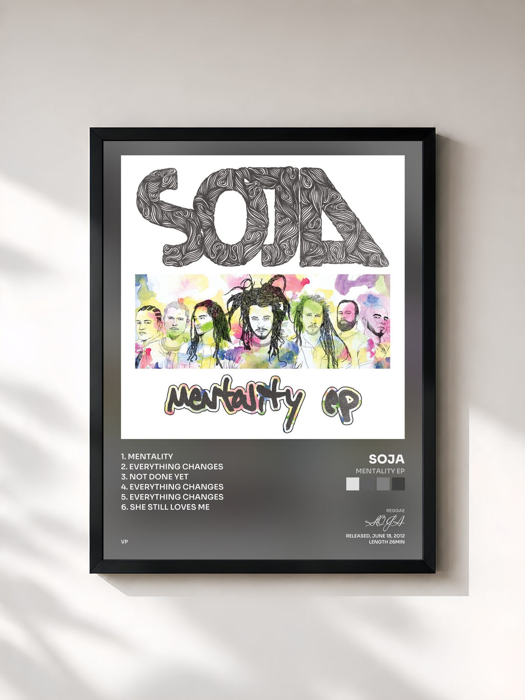 #noir Tableau de l'album Mentality EP de SOJA, cadre noir, imprimé et encadré en France