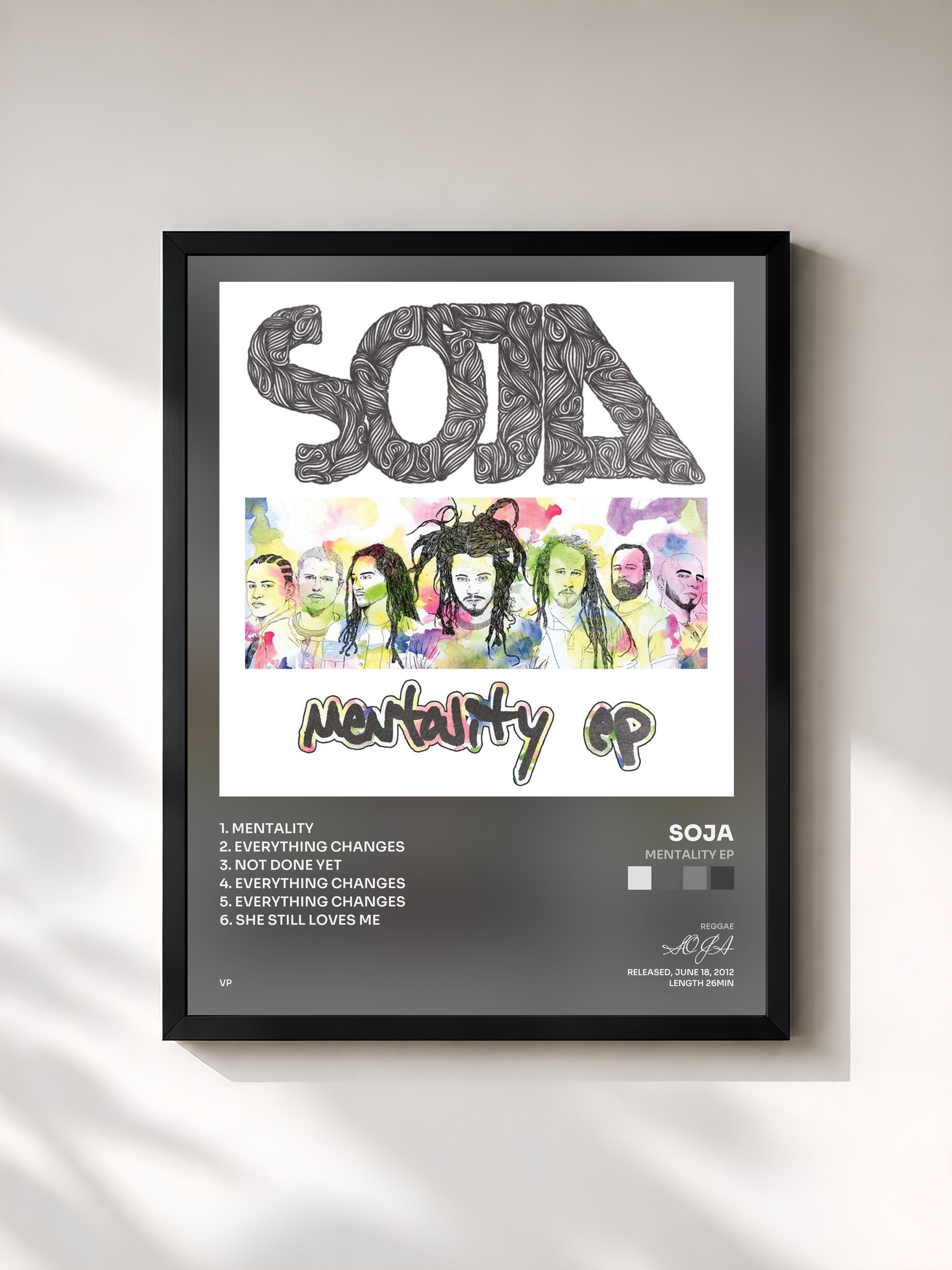 #noir Tableau de l'album Mentality EP de SOJA, cadre noir, imprimé et encadré en France