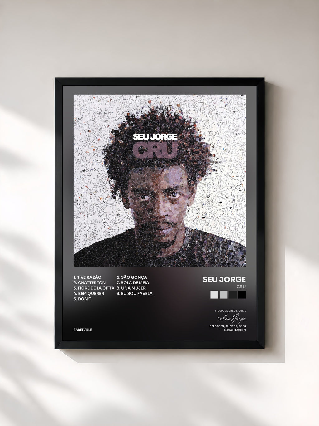 #noir Tableau de l'album Cru de Seu Jorge, cadre noir, imprimé et encadré en France
