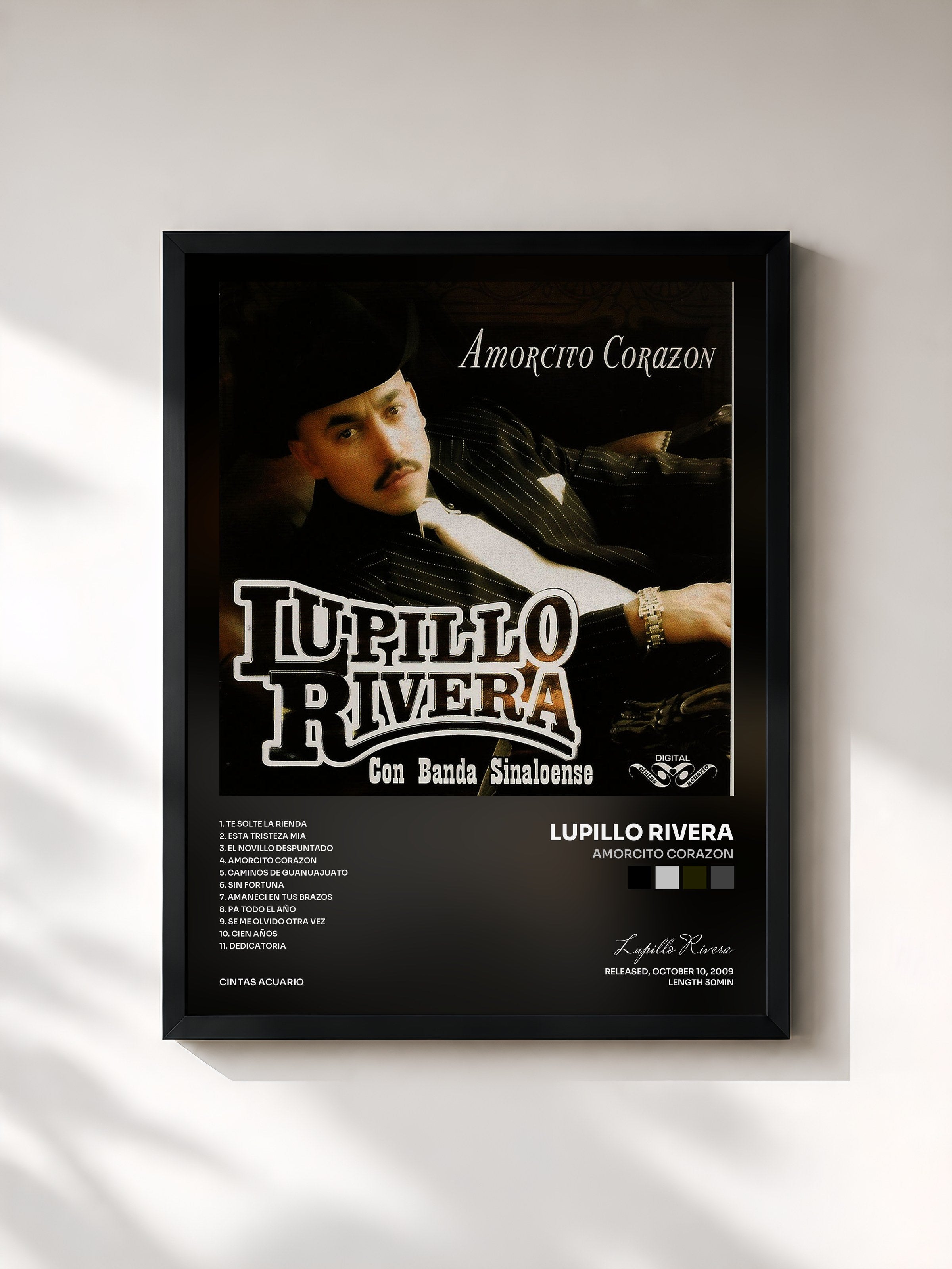 #noir Tableau de l'album Amorcito Corazon de Lupillo Rivera, cadre noir, imprimé et encadré en France